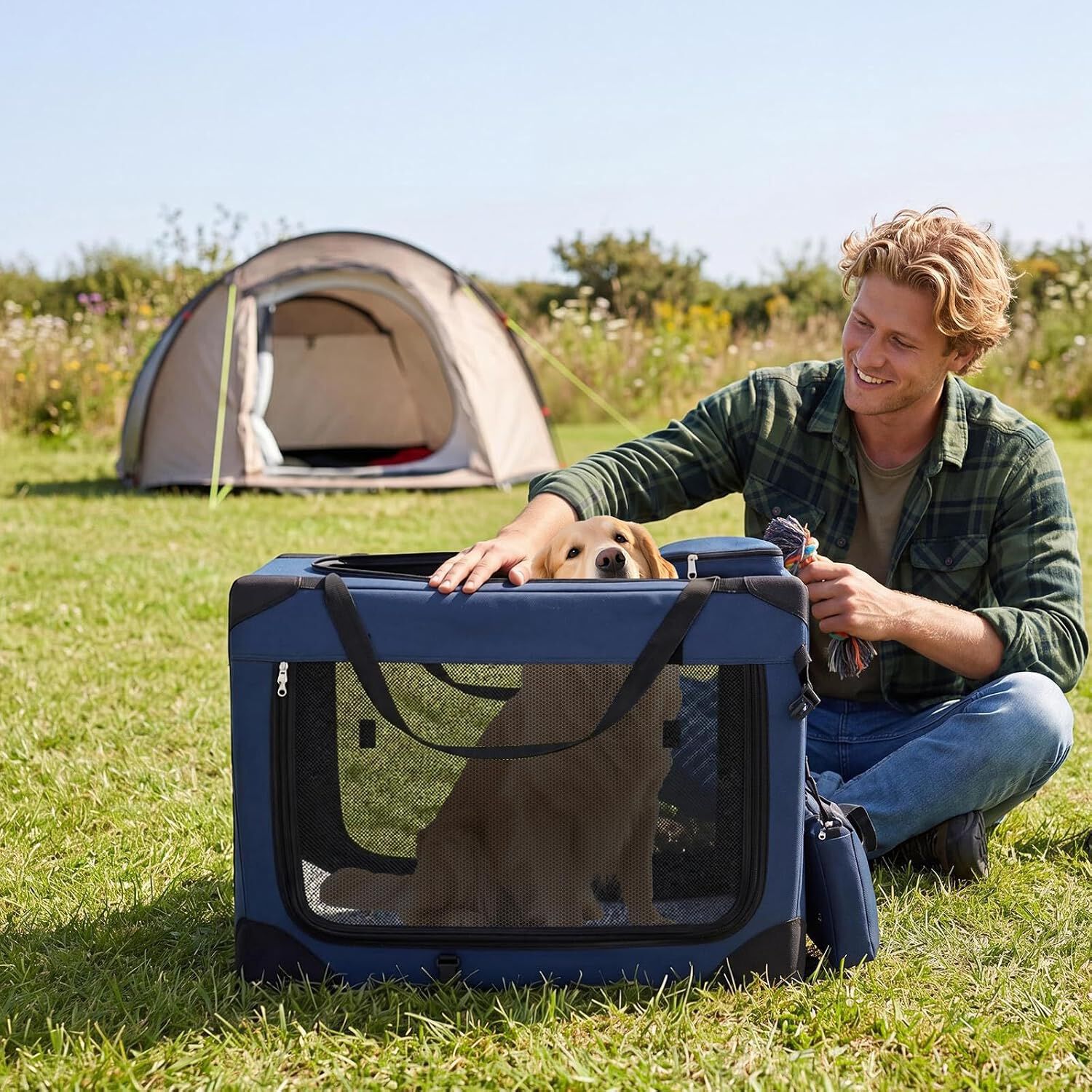COSTWAY Transport&iacute;n para Perros Plegable, Bolsa Transporte para Gatos con Ventanas de Malla, 3 Puertas y Bolsillos Extra&iacute;bles, Portador de Viaje para Mascotas Interior y Exterior (Azul, S), , large Imagen numero 2