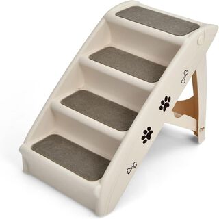 COSTWAY Escalera de Plástico Plegable para Mascotas con 4 Peldaños, Fieltro Blando, Ideal para Mascotas de Talla Pequeña y Mediana (Beige)