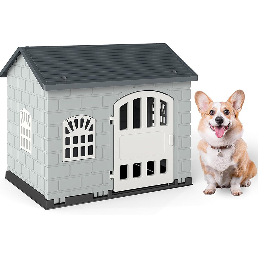 COSTWAY Caseta Perros de Pl&aacute;stico, Refugio para Mascotas con Puerta Bloqueable, 3 Ventanas, Techo Inclinado y Base con Orificios de Drenaje, Jaula Impermeable para Interior y Exterior (Gris), , large Imagen numero 1