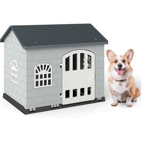 COSTWAY Caseta Perros de Pl&aacute;stico, Refugio para Mascotas con Puerta Bloqueable, 3 Ventanas, Techo Inclinado y Base con Orificios de Drenaje, Jaula Impermeable para Interior y Exterior (Gris)