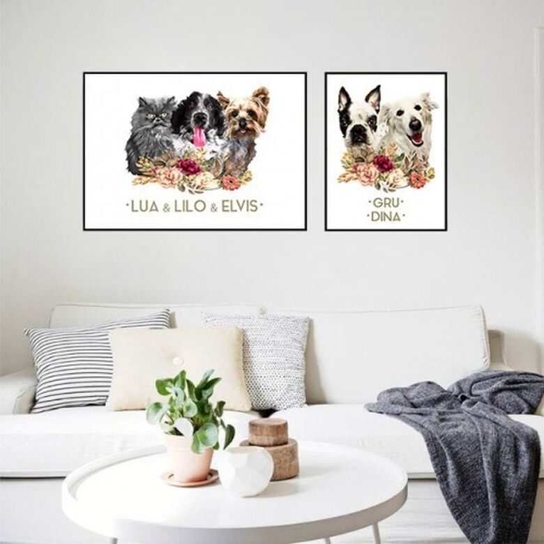 Mascochula friends triple retrato realista personalizado en lámina con tu mascota thumbnail