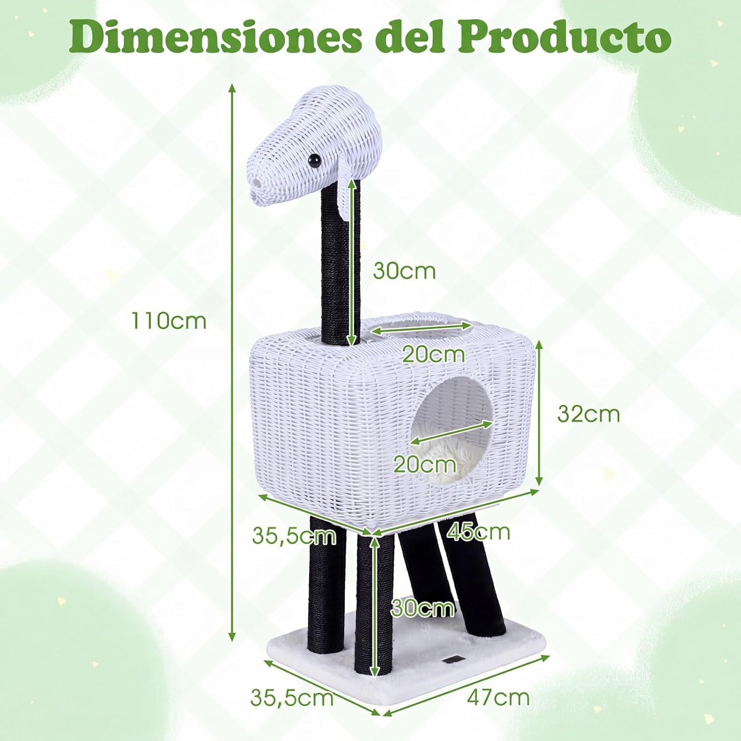 COSTWAY &Aacute;rbol para Gatos de Interior, 110 cm Condominio de Rat&aacute;n PE para Gatitos con Postes Rascadores de Sisal, Coj&iacute;n de Felpa, Bola Colgante y 2 Entradas, Torre en Forma Cordero para Gatos, , large Imagen numero 5
