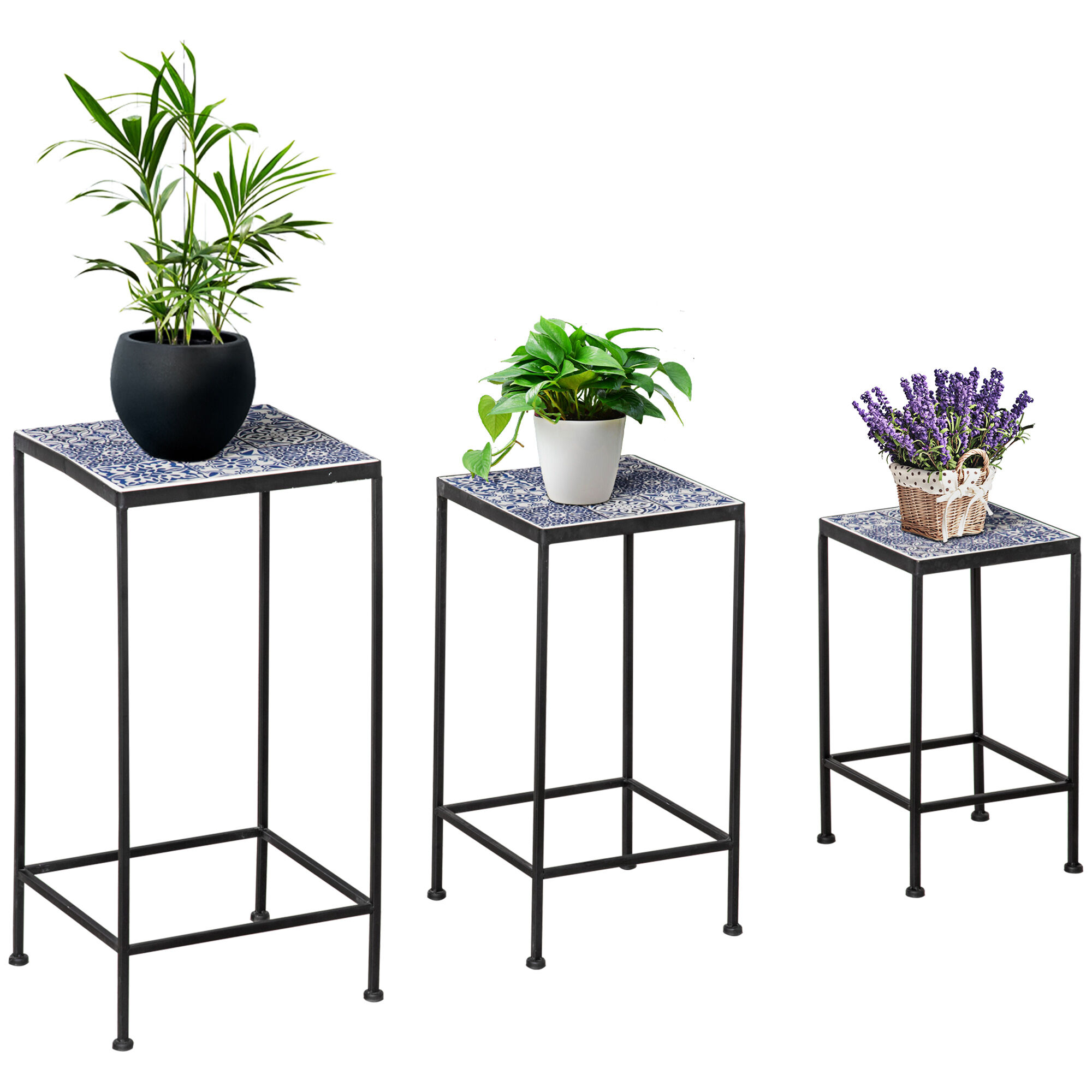 Outsunny Soportes para Plantas de Metal 3 Piezas Apilables Estantes Porta Macetas con Encimera de Azulejo Decorativa para Interiores y Exteriores 31,5x31,5x60,5 cm Azul y Negro, , large Imagen numero 1