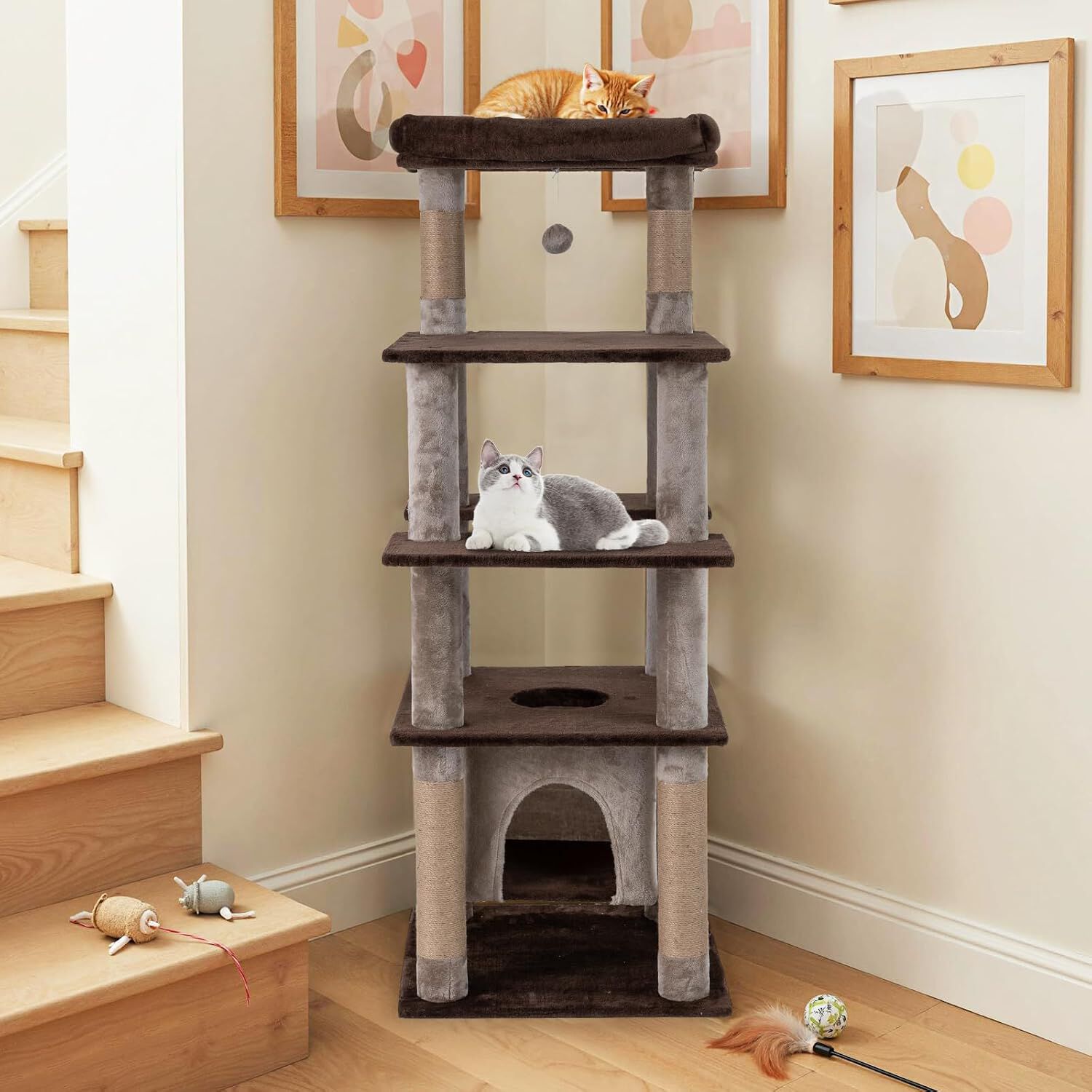COSTWAY Rascador para Gatos Grandes, &Aacute;rbol Rascador para Gatos Multinivel, Altura 148 cm con Condominio, Percha de Peluche, Postes Rascadores, Agujero, Pomp&oacute;n y Plataformas, Torre Gato de Interior, , large Imagen numero 2