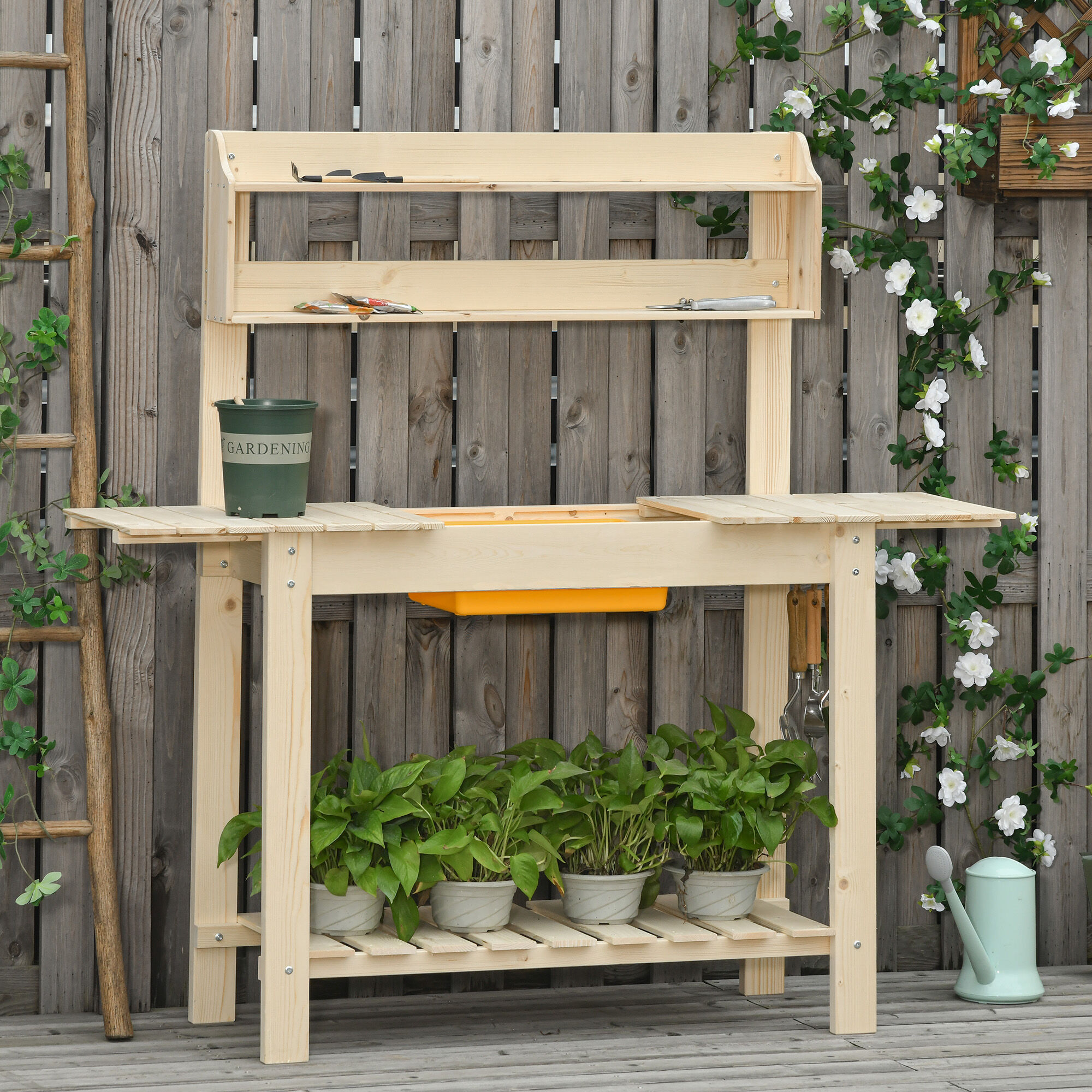 Outsunny Mesa de Plantaci&oacute;n de Madera Mesa para Macetas Mesa de Trabajo con Tablero Deslizante 3 Estantes Ganchos Jard&iacute;n Patio Garaje 100x40x140 cm Natural, , large Imagen numero 2