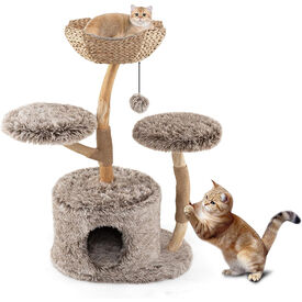 COSTWAY Rascador para Gatos, &Aacute;rbol para Gatos de Madera, Torre para Gatitos con Tronco de Peral S&oacute;lido con Plataforma, Centro de Actividades Moderno con Postes para Rascar de Sisal (Natural, 90 cm)