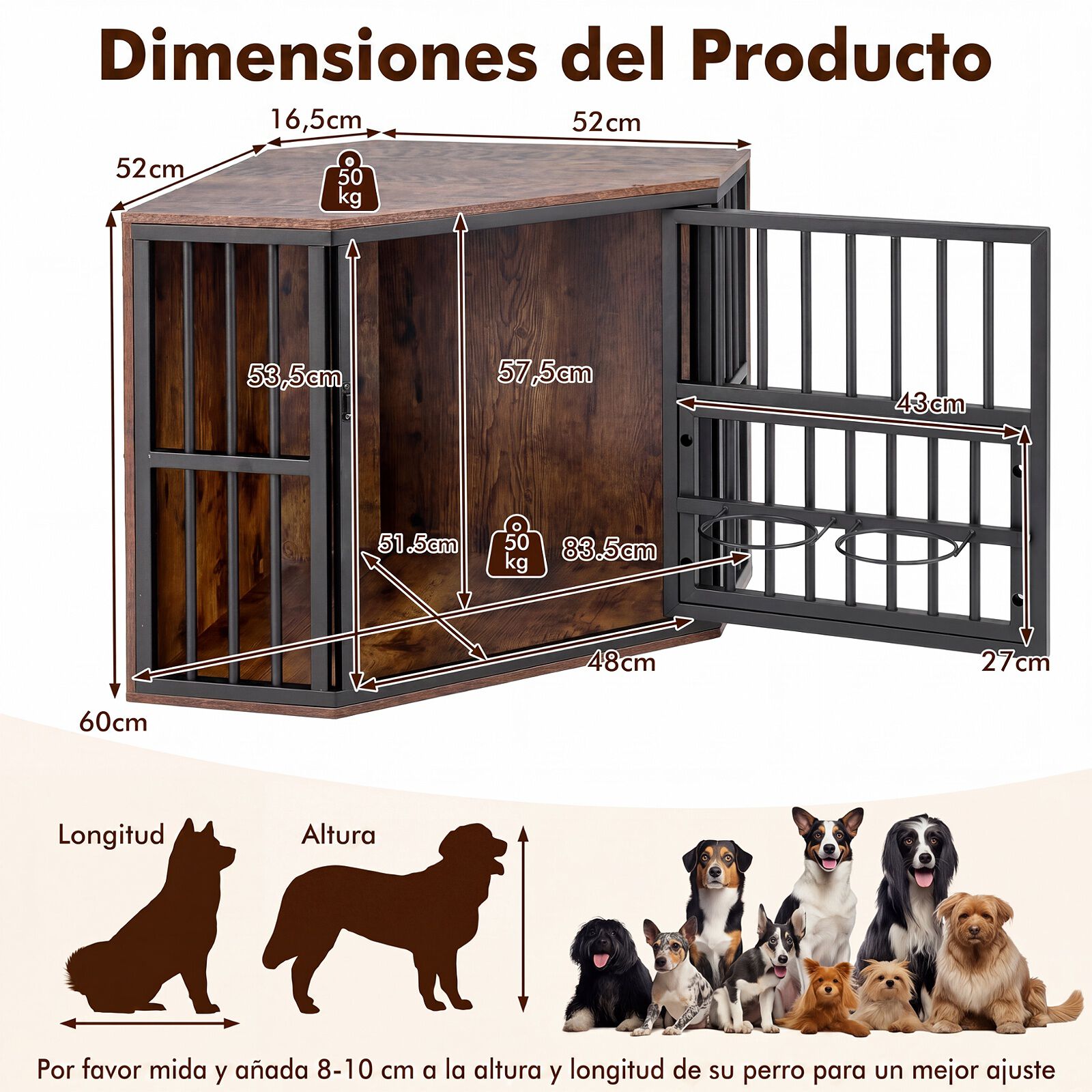 COSTWAY Jaula Esquinera para Perros Que Ahorra Espacio, Mueble Esquinera para Peque&ntilde;os Mascotas con Marco Met&aacute;lico, Estante para Comederos Ajustable 3 Niveles, Mesa Auxiliar Interior, 90 x 55 x 60 cm, , large Imagen numero 5
