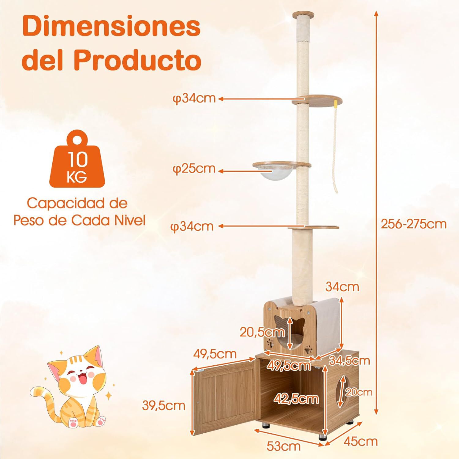COSTWAY &Aacute;rbol de Gato de Piso a Techo para Gatos de Interior, 256-275 cm Altura Ajustable, Torre Rascador Gato con Caja de Arena, C&aacute;psula Espacial, Condominio, Postes de Sisal, Plataformas Multinivel, , large Imagen numero 5