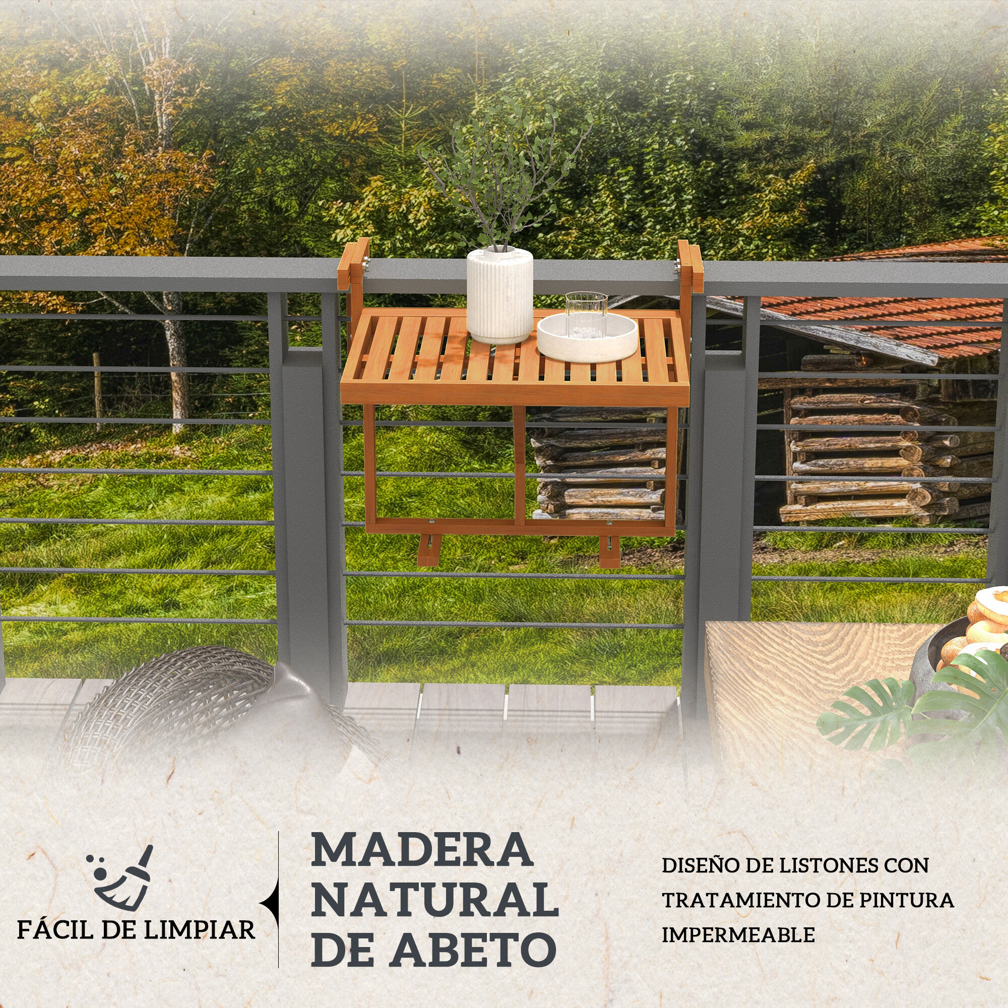Outsunny Mesa Colgante de Balc&oacute;n Mesa para Balc&oacute;n Plegable de Madera con Altura Ajustable en 4 Niveles Carga 20 kg para Terraza 68x65x40,5-55 cm Madera Natural, , large Imagen numero 5