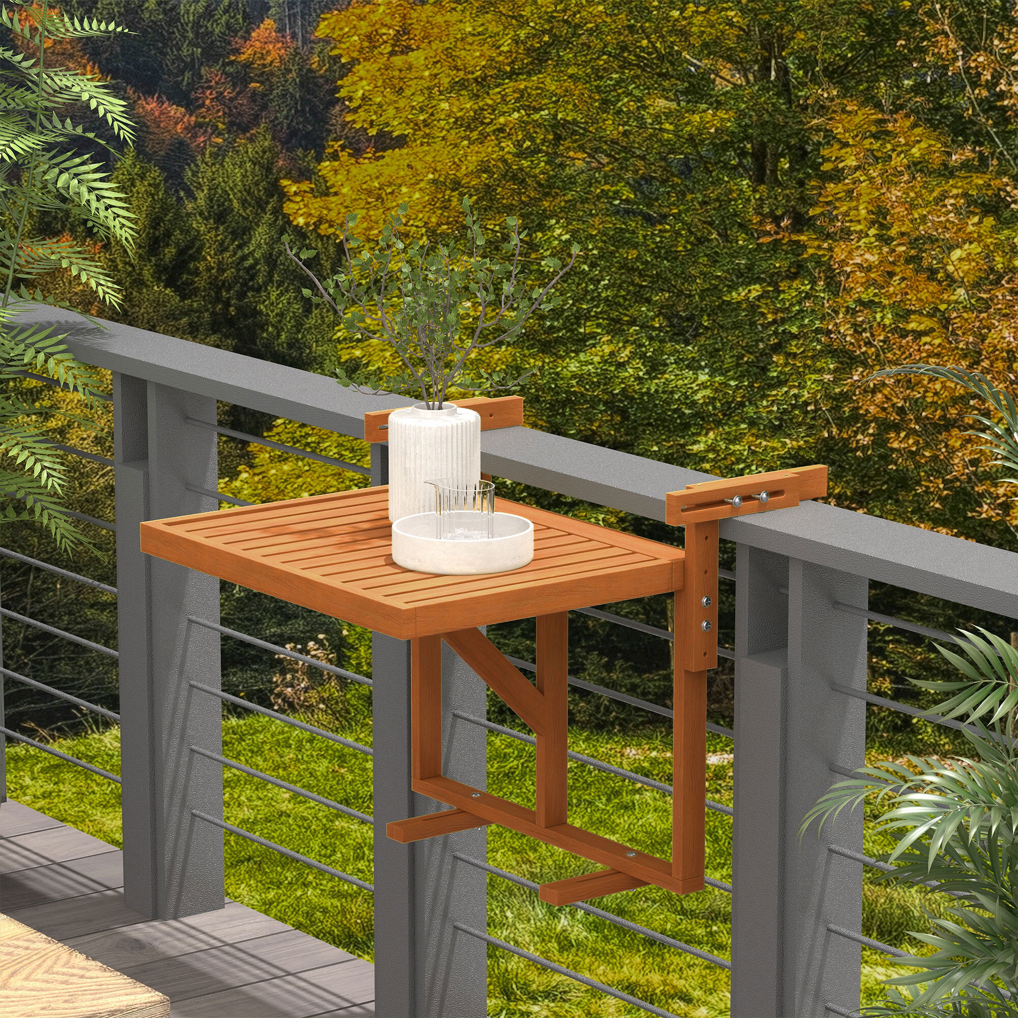 Outsunny Mesa Colgante de Balc&oacute;n Mesa para Balc&oacute;n Plegable de Madera con Altura Ajustable en 4 Niveles Carga 20 kg para Terraza 68x65x40,5-55 cm Madera Natural, , large Imagen numero 2
