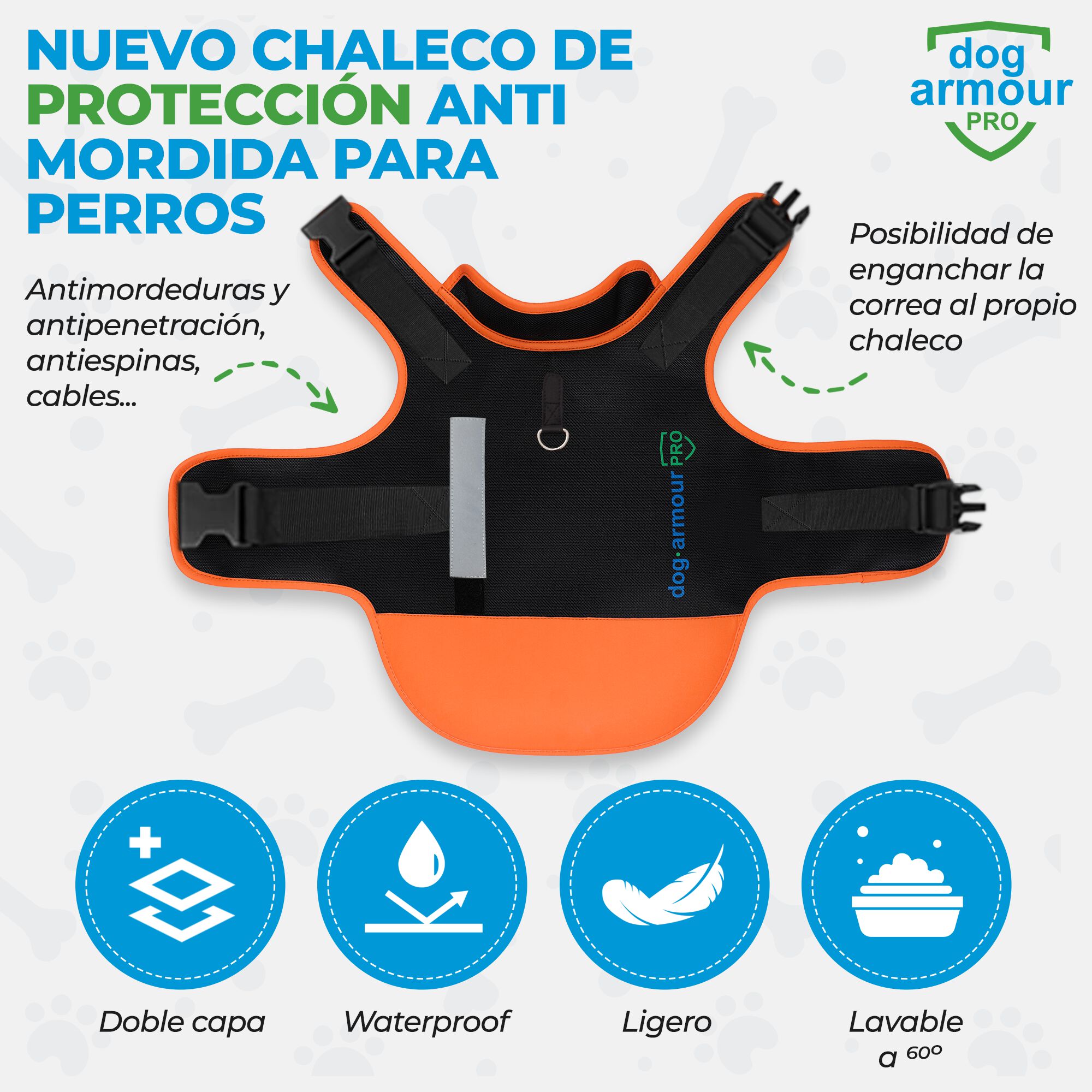 Chaleco de Protección Anti Mordida para Perros – Impermeable – Reflectante - Naranja thumbnail