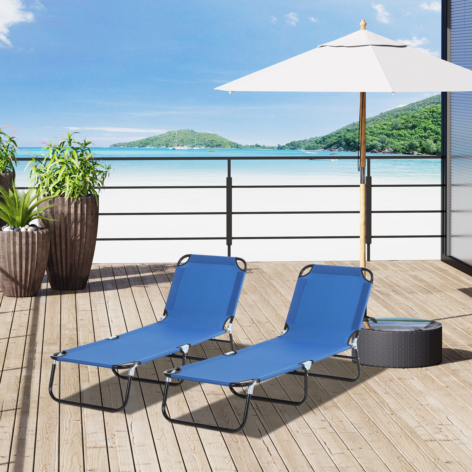 Outsunny Conjunto de 2 Tumbonas Plegables Tumbonas de Jard&iacute;n Reclinables con Respaldo Ajustable en 5 Niveles Carga 120 kg para Terraza Piscina 188x56x28 cm Azul, , large Imagen numero 2