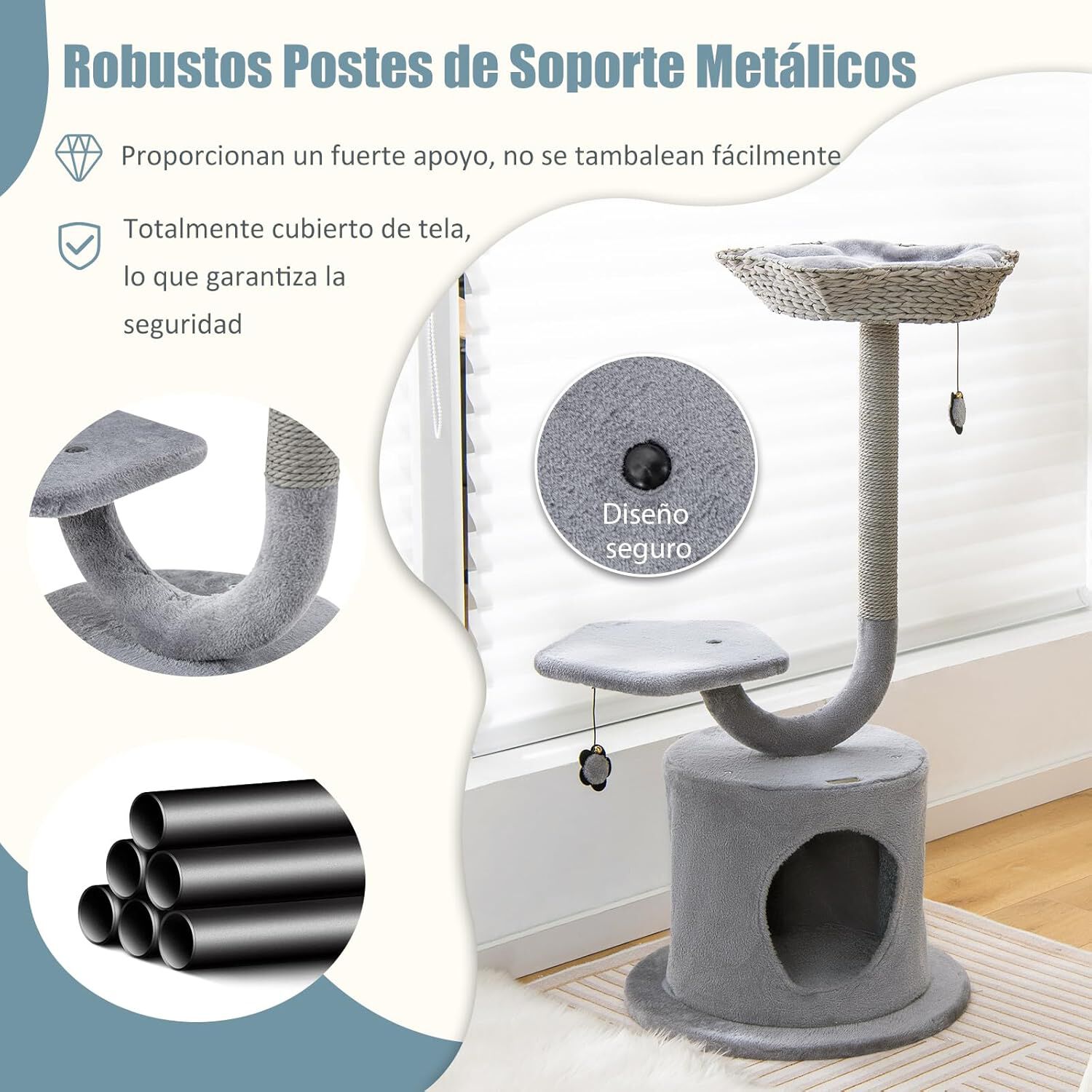 COSTWAY &Aacute;rbol para Gatos Altura 106 cm, Torre para Gatos con Marco de Soporte de Metal Curvado, Tabla Rascador de Sisal, 2 Plataformas, Condominio, Centro de Actividades de 3 Niveles para Gatos, , large Imagen numero 2