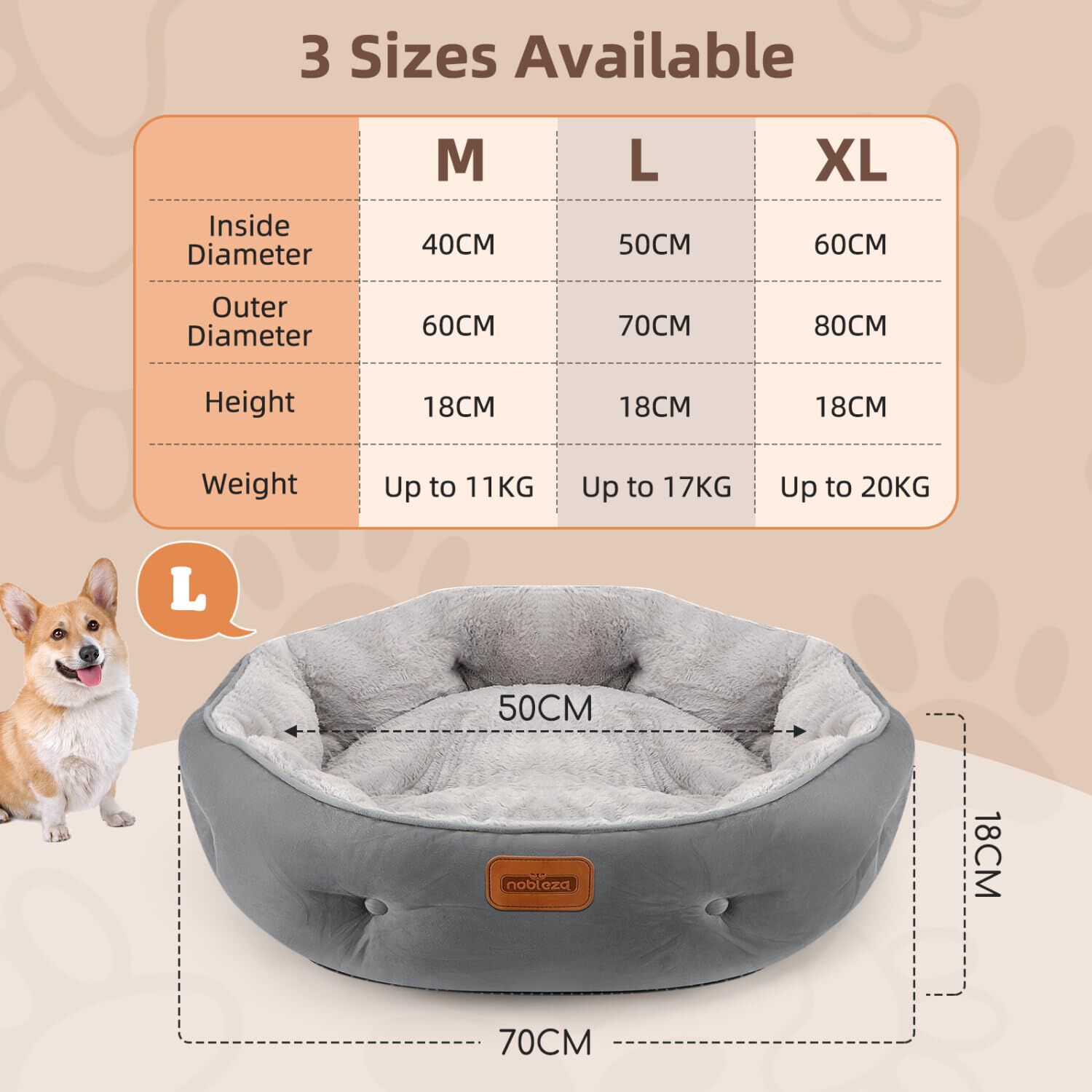 Nobleza Cama para Perros Peque&ntilde;os, Cama Lavable para Mascotas, Sof&aacute; Redonda de Perros y Gatos Antideslizantes y Antiestres, Felpa Suave y Mullida, Bordes Elevados, Gris, &Oslash;60 x 18 cm, , large Imagen numero 9