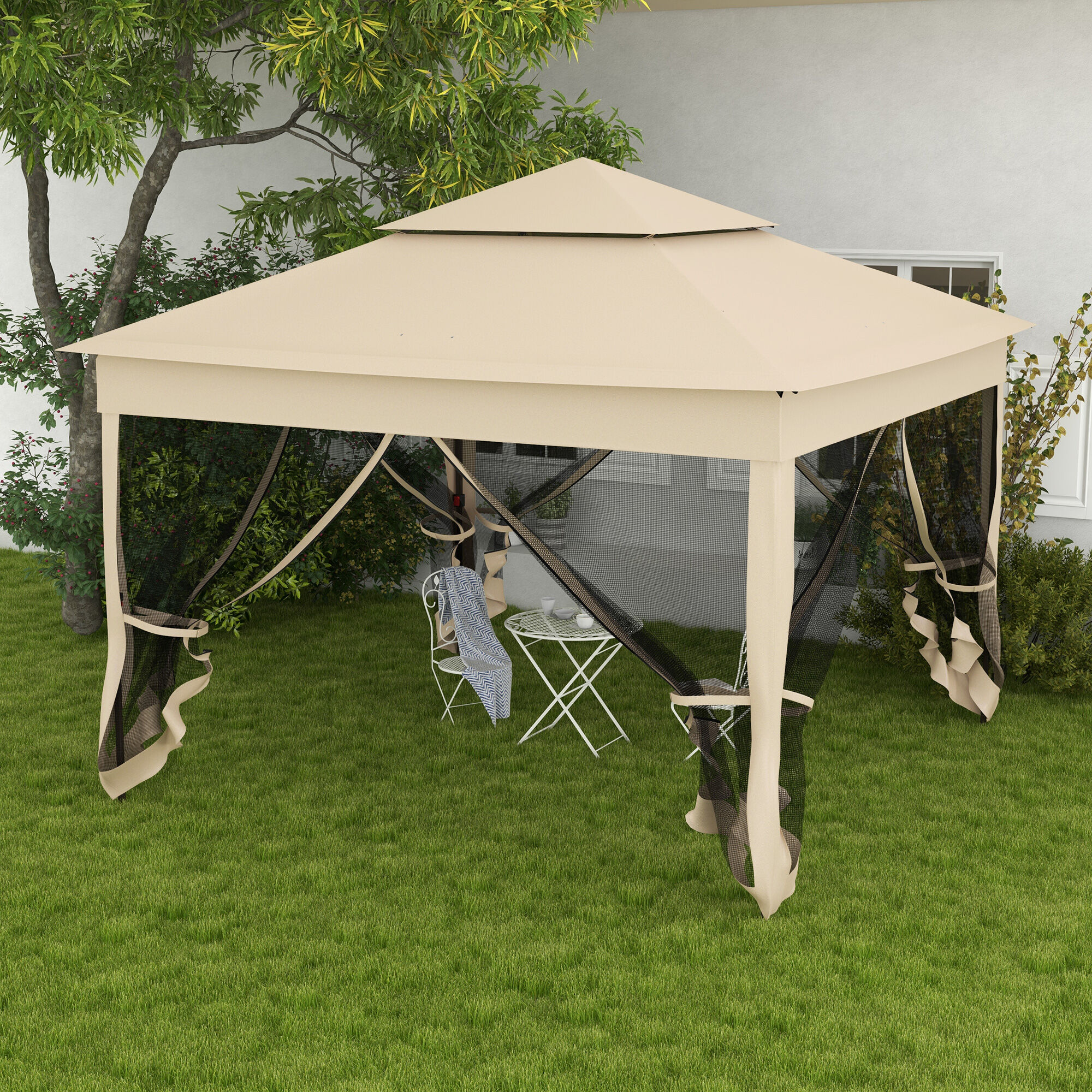 Outsunny Carpa Plegable 325x325x270 cm Cenador de Jard&iacute;n Gazebo con Doble Techo Paredes Laterales Desmontables y Marco Met&aacute;lico para Camping Fiestas Crema, , large Imagen numero 2