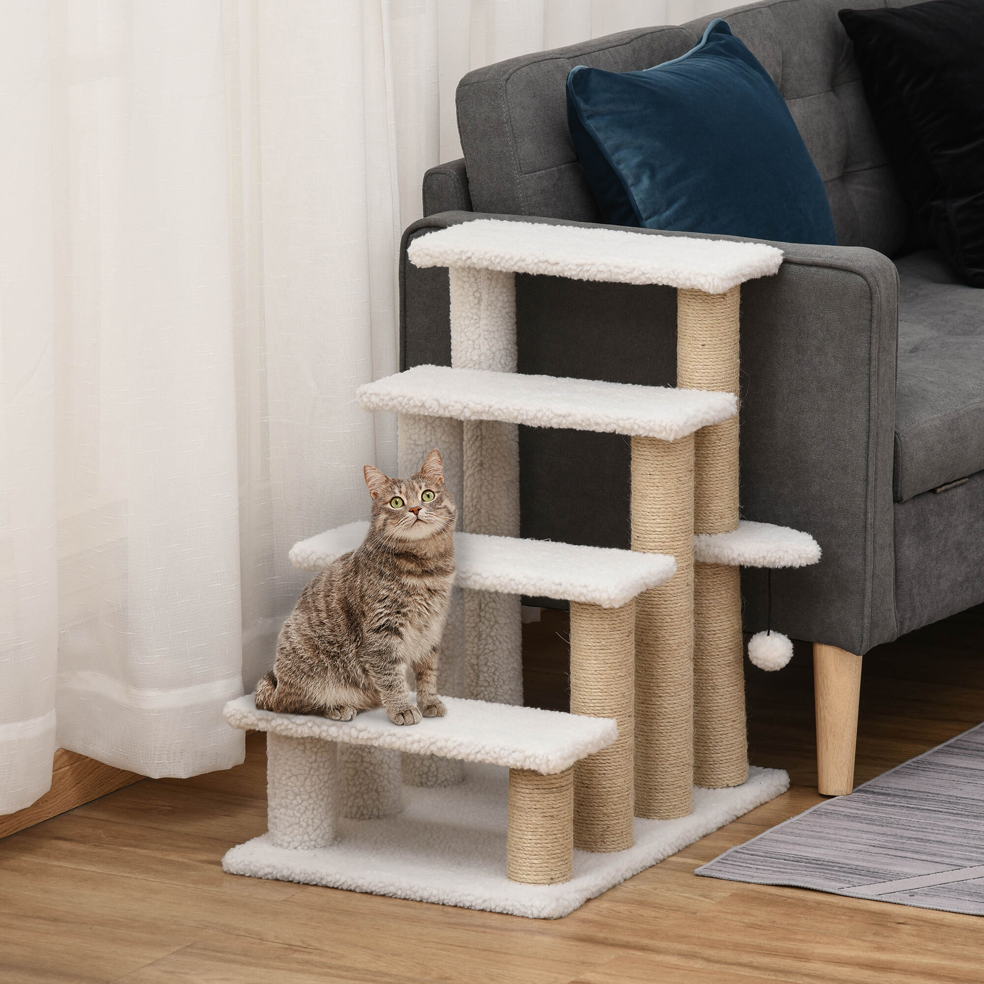 PawHut Escalera para Gatos de 4 Niveles, Escalera para Mascotas, Cubierto de Suave Felpa, Poste de Yute, Bola Colgante, &Aacute;rbol Rascador para Gatos, 60x40x64 cm, Blanco, , large Imagen numero 2