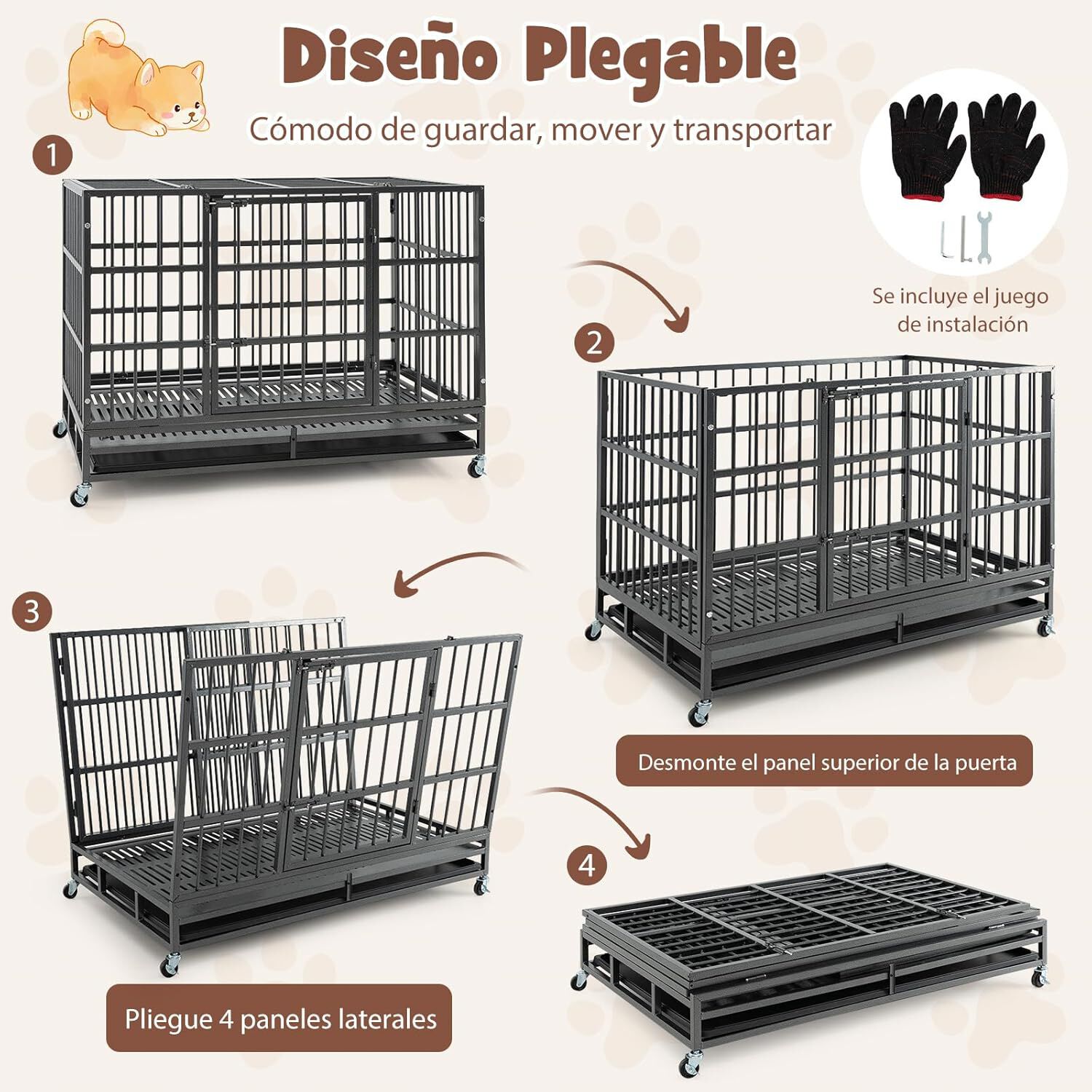 COSTWAY Jaula para Perros Plegable, Jaula para Mascotas de Metal con 2 Puertas, 4 Ruedas Giratorias, Bandeja Extra&iacute;ble, Caja para Perros Port&aacute;til para Interiores y Exteriores (120 x 76 x 90 cm), , large Imagen numero 5