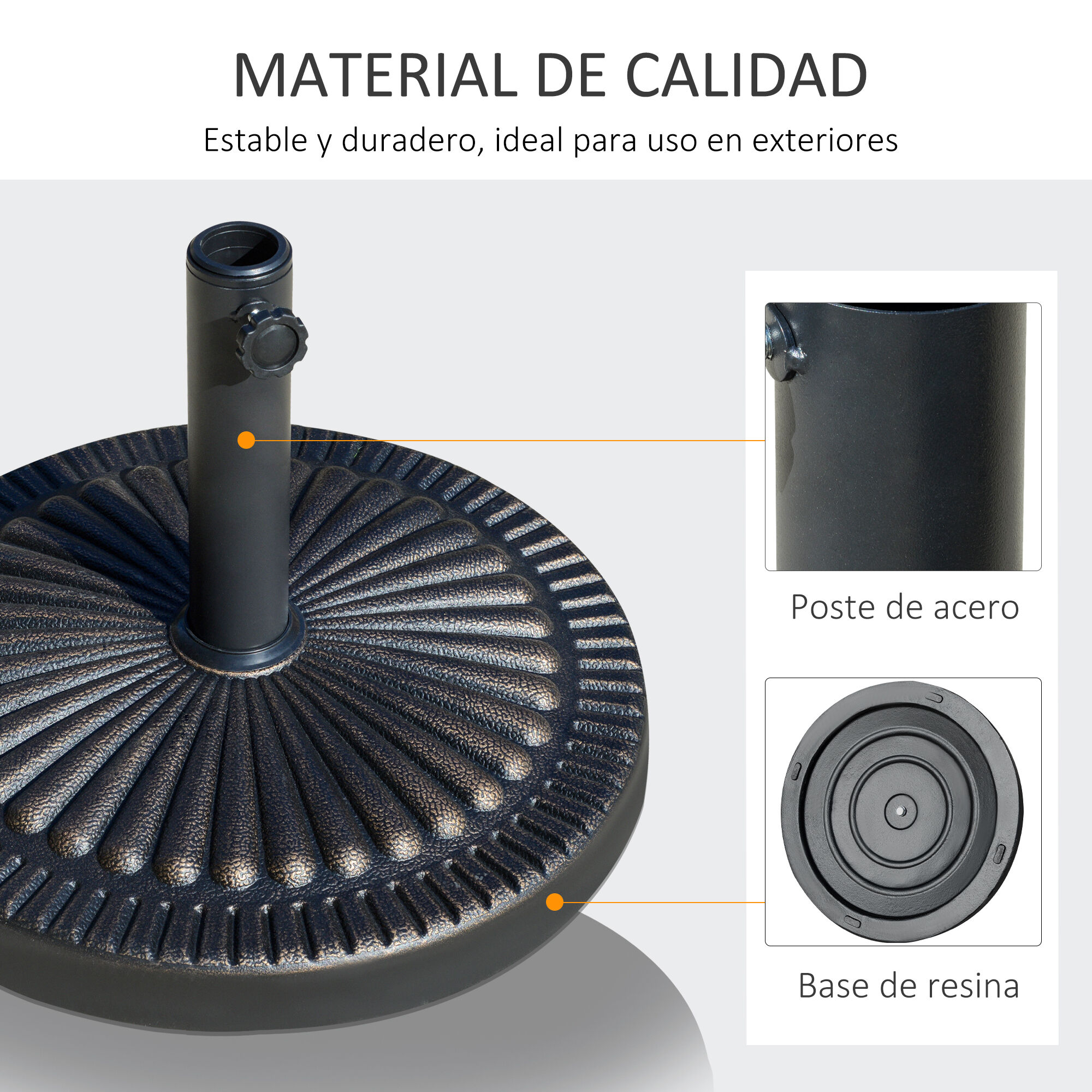 Outsunny Base de Sombrilla de Jard&iacute;n Peso Neto 14,28 kg Soporte de Parasol Redondo Apto para Postes de 38mm/48mm Resina y Acero para Terraza Patio Exterior &Oslash;48,5x33 cm Bronce, , large Imagen numero 5