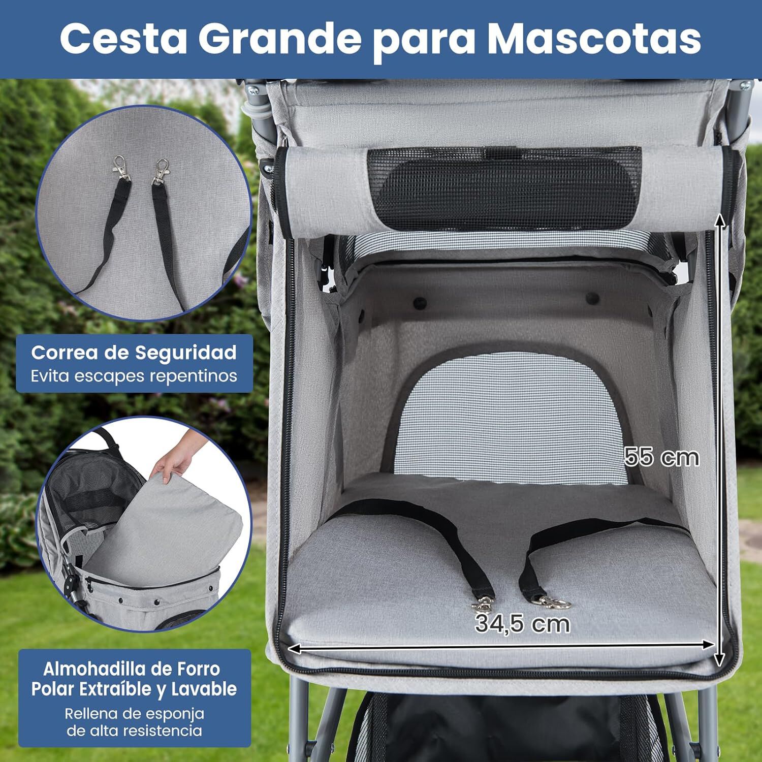 COSTWAY Cochecito Plegable para Mascotas, Carrito para Perros con Capota Ajustable, Almohadilla Lavable Extra&iacute;ble, Cesta de Almacenaje, Portavasos, Carro para Perros hasta 15 kg, 82x45x100 cm (Gris), , large Imagen numero 4