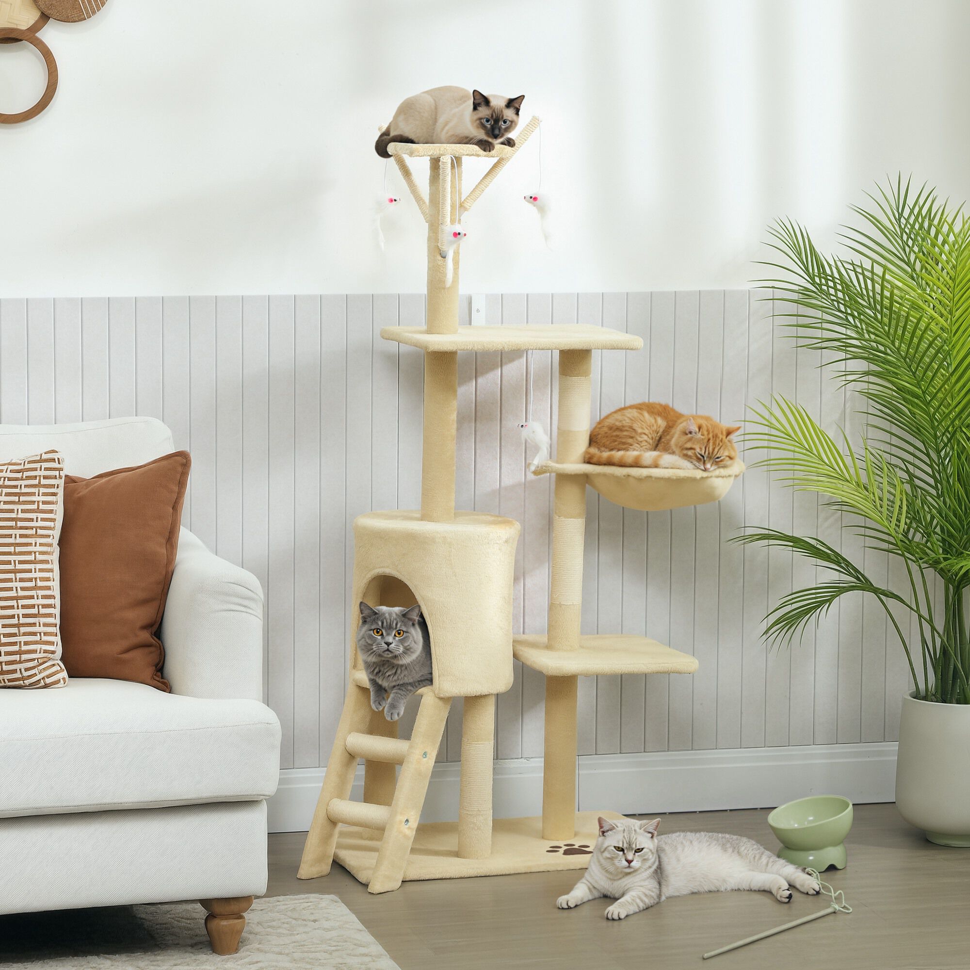 PawHut Árbol Rascador para Gatos Grande, Árbol para Gatos, Altura 134 cm, Torre de Escalada con 6 Postes de Sisal, 3 Plataformas, 1 Cueva, 1 Hamaca, 1 Escalera, 4 Juguetes Colgantes, Beige thumbnail