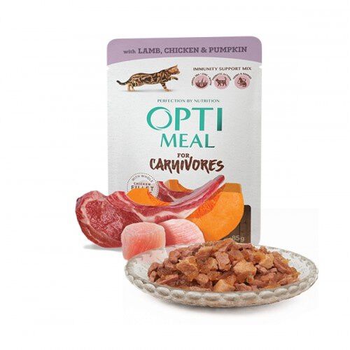 Optimeal sin cereales pienso h&uacute;medo para gatos Cordero y Pollo en gelatina de calabaza, , large Imagen numero 1