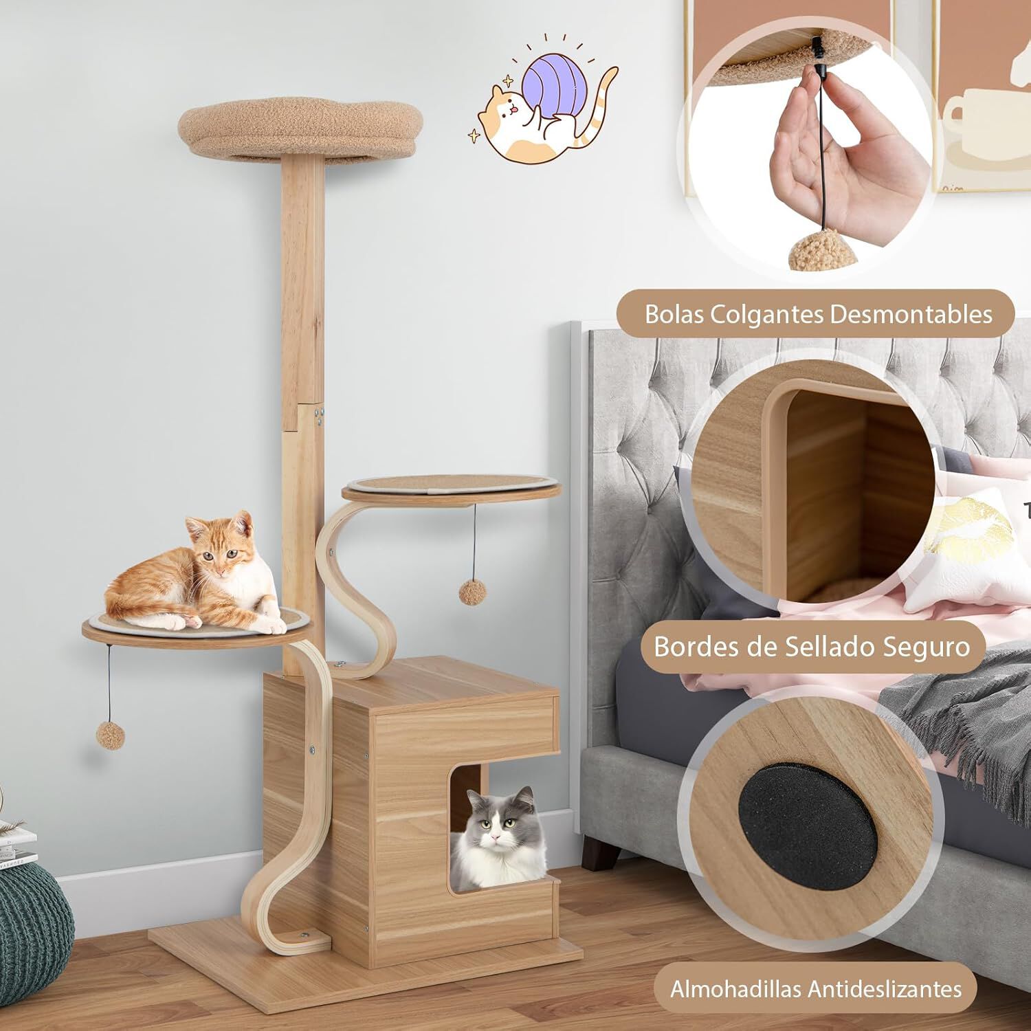 COSTWAY Rascador para Gatos de 129 cm, &Aacute;rbol para Gatos con Poste de Madera Maciza, Marco de Madera Contrachapada Curvada, Condominio, Percha, Cojines Lavables, Centro de Actividades de 4 Capas, , large Imagen numero 4