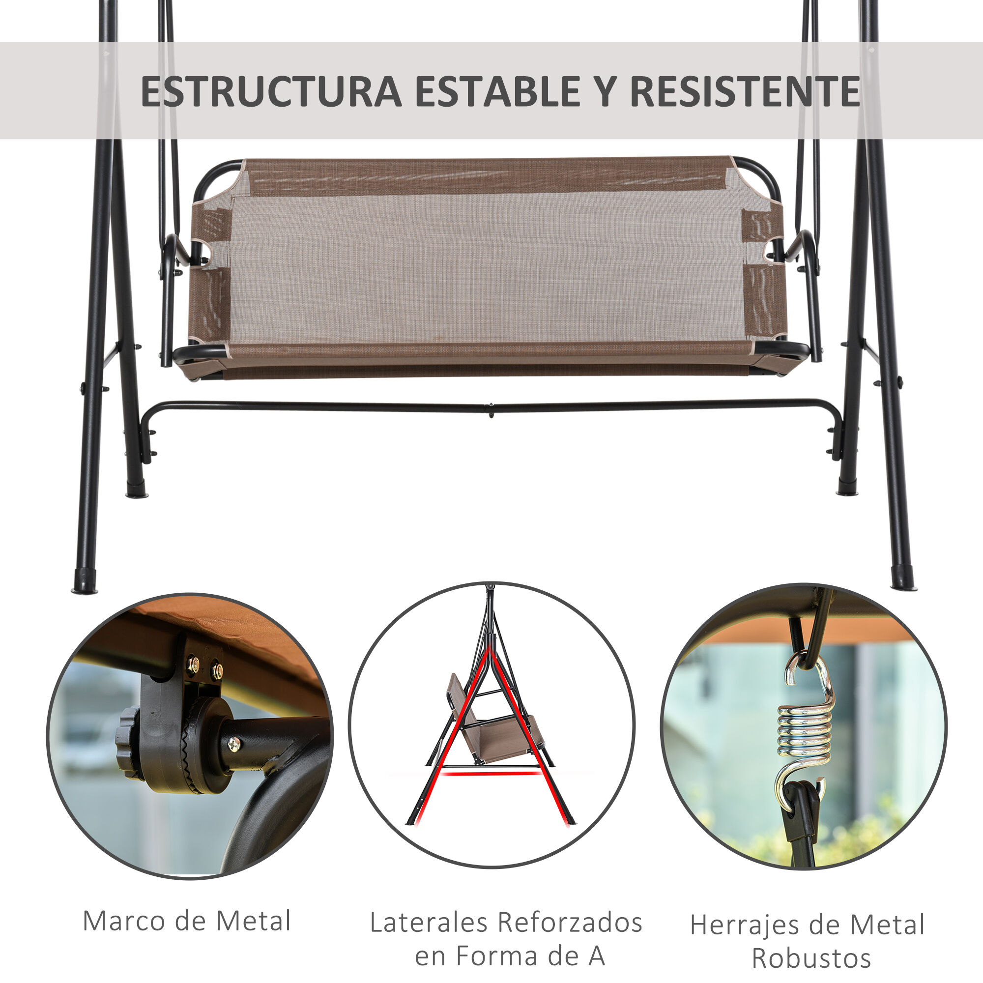 Outsunny Columpio de Jard&iacute;n de Exterior de 2 Plazas Silla Balanc&iacute;n con Parasol Techo Ajustable en &Aacute;ngulo Terraza Balc&oacute;n Exterior Carga 200 kg 172x110x155 cm Marr&oacute;n, , large Imagen numero 5