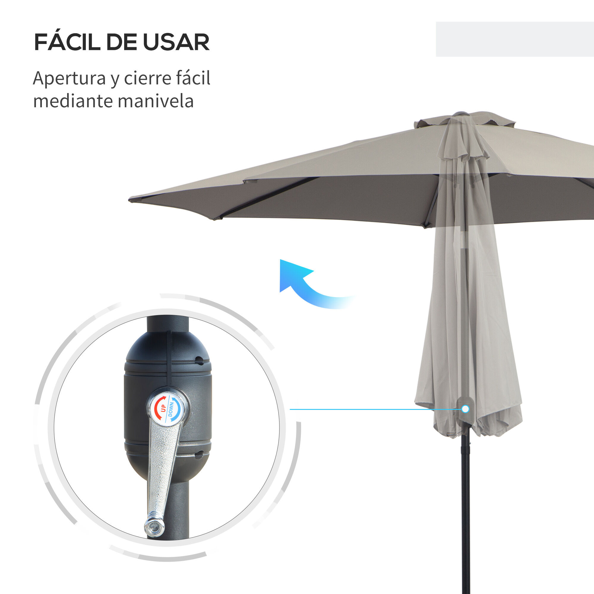 Outsunny Sombrilla de Jard&iacute;n &Oslash;295x250 cm con Manivela Parasol Exterior con Mecanismo de Inclinaci&oacute;n y Poste Desmontable de Metal para Terraza Piscina Patio Gris Claro, , large Imagen numero 5