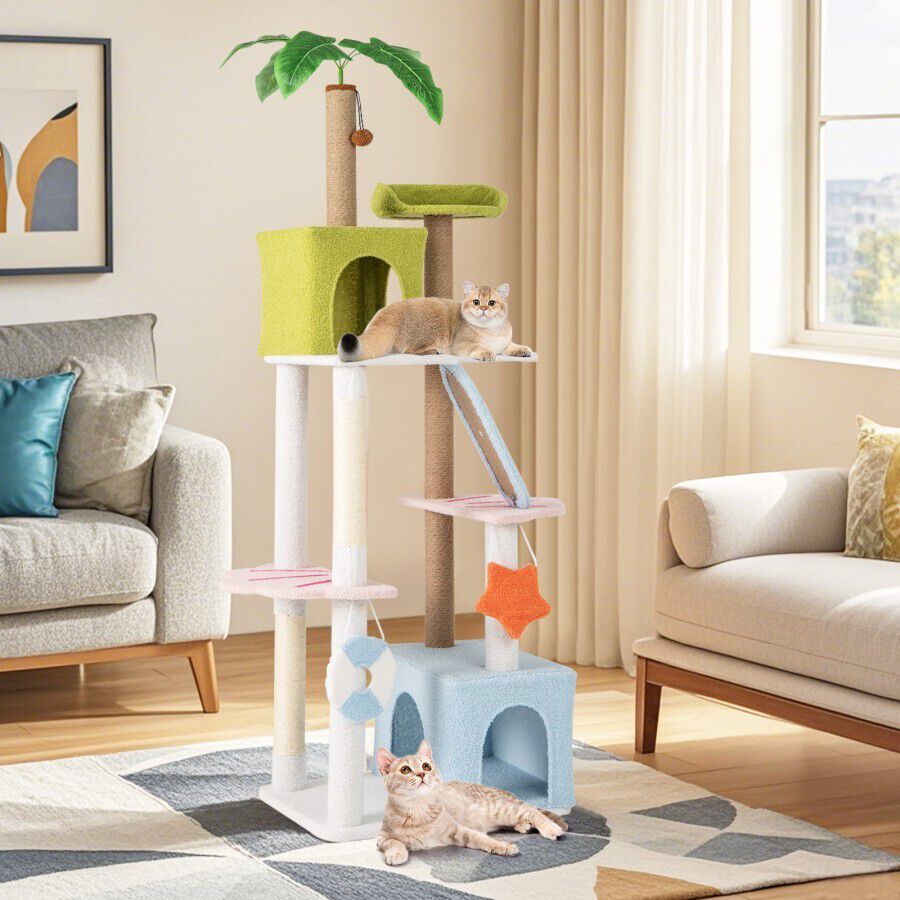 COSTWAY &Aacute;rbol para Gatos de 180 cm, Torre Multinivel Est&eacute;tica de Playa para Gatitos con 2 Condos, Postes de Rascado, Planta Artificial, Juguetes Colgantes, Centro de Actividades para Gatos de Interior, , large Imagen numero 4