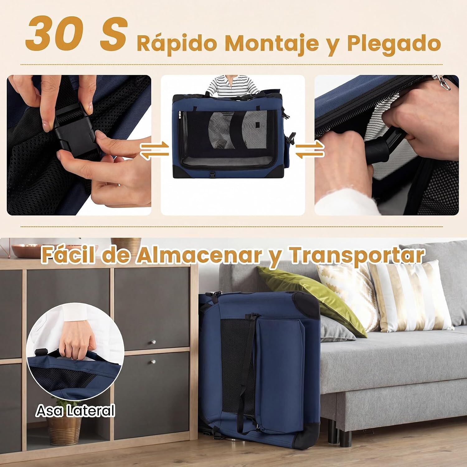 COSTWAY Transport&iacute;n para Perros Plegable, Bolsa Transporte para Gatos con Ventanas de Malla, 3 Puertas y Bolsillos Extra&iacute;bles, Portador de Viaje para Mascotas Interior y Exterior (Azul, S), , large Imagen numero 4