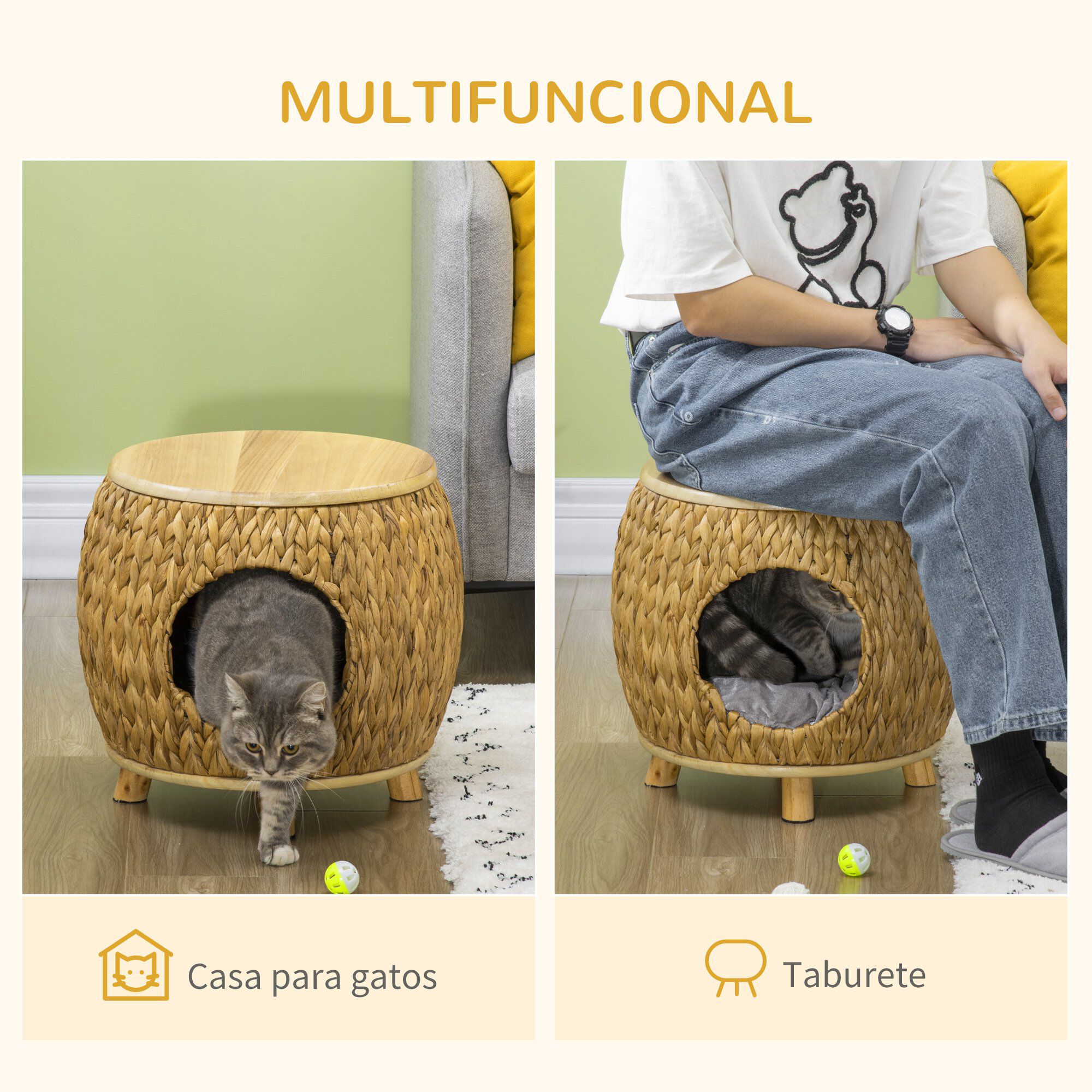 PawHut Cueva para Gatos Cesta para Gatos de Mimbre, , large Imagen numero 4