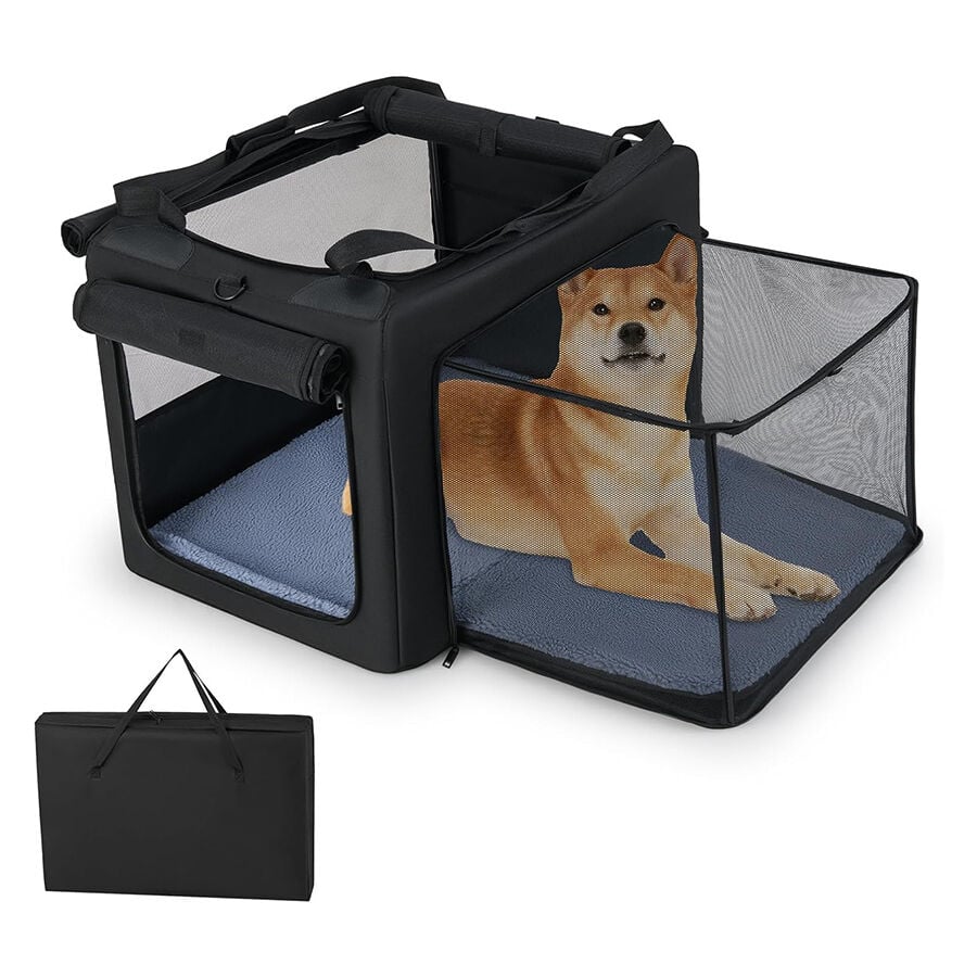 COSTWAY Transportín para Perros, Bolsa Transportin Portátil y Plegable para Mascotas con 2 Aberturas y Ventana, Cesta Interior de Malla, Bolsillos Laterales para Interior Exterior (90 x 76 x 48 cm)