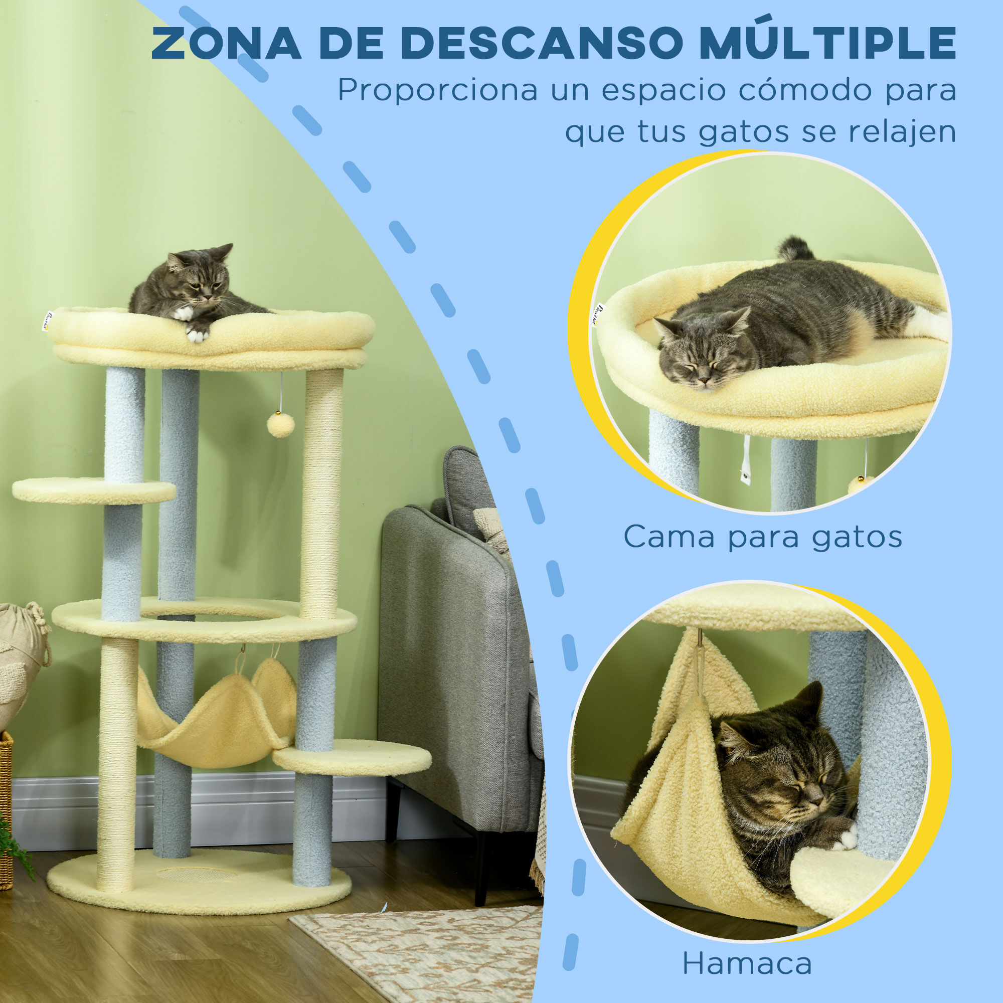 PawHut &Aacute;rbol Rascador para Gatos Mediano 110 cm Torre para Gatos Centro de Actividades para Gatitos con Hamaca Poste de Sisal y Bola Colgante &Oslash;58x110 cm Amarillo y Azul, , large Imagen numero 5