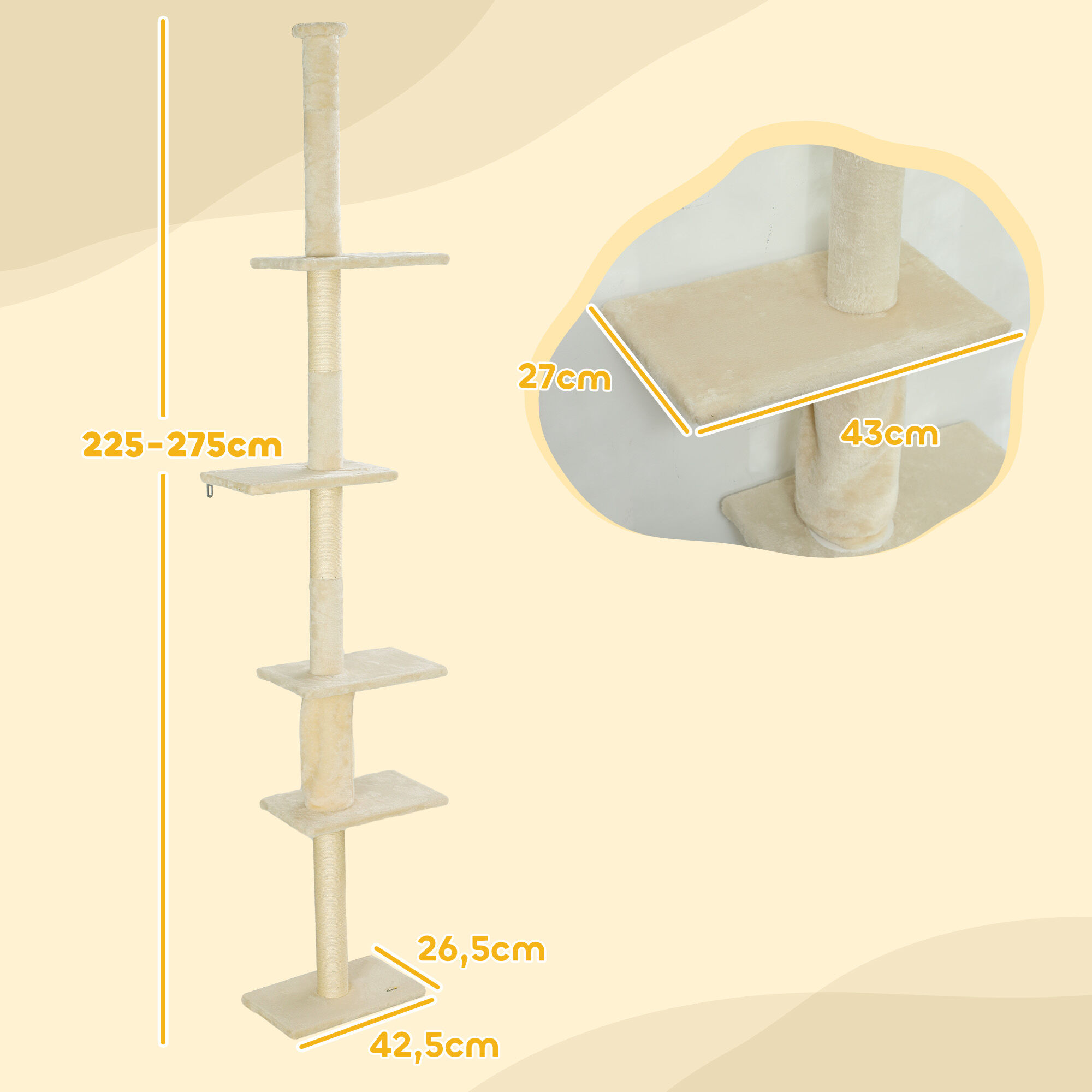 PawHut &Aacute;rbol para Gatos de Suelo a Techo 225-275 cm &Aacute;rbol Rascador para Gatos Torre para Gatos con M&uacute;ltiples Plataformas Sistema de Antivuelco Crema, , large Imagen numero 3