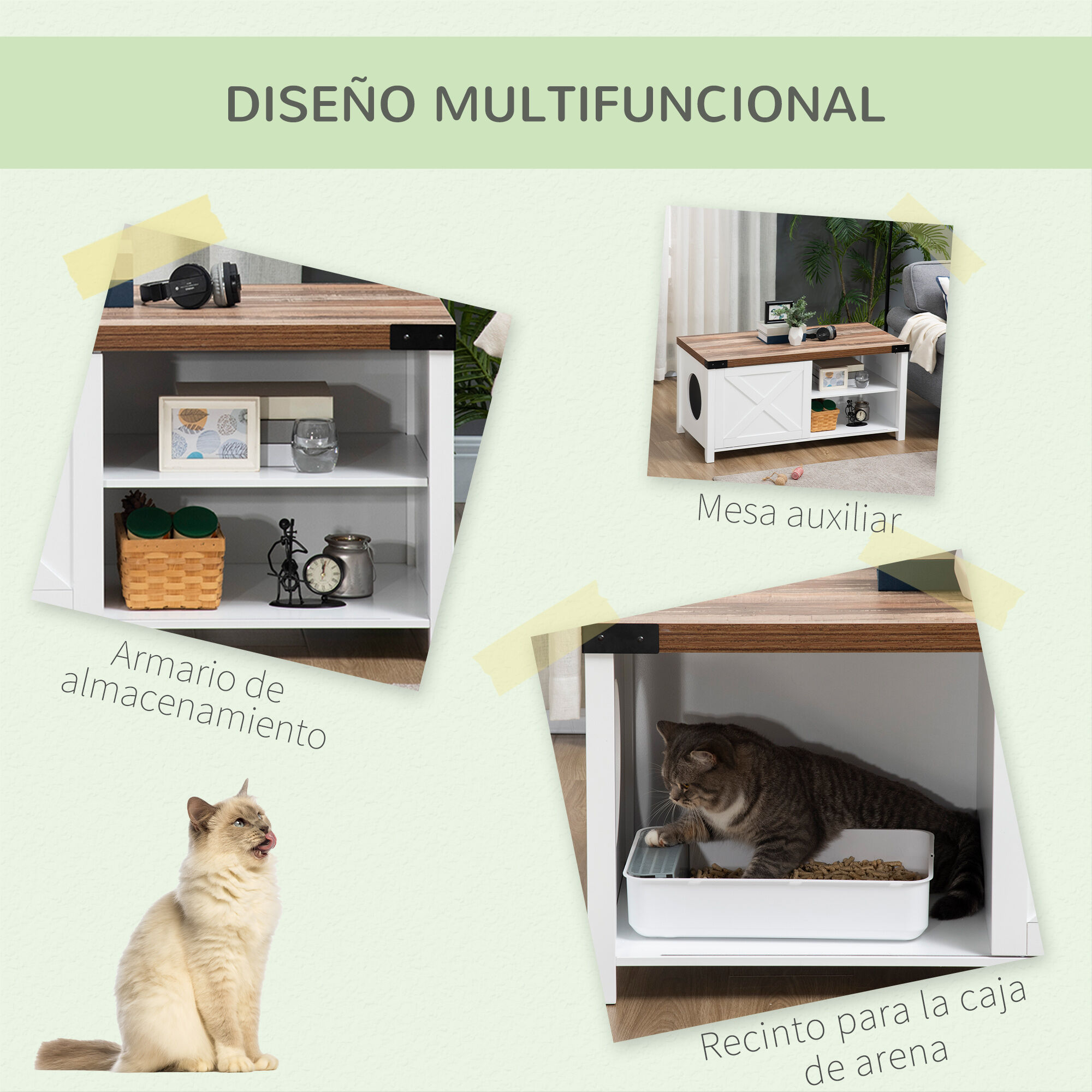 PawHut Mueble Arenero para Gatos Casa para Gatos de Madera 2 en 1 con Armario de Almacenaje Puerta Corredera y Estante Interior 109x51x52 cm Blanco, , large Imagen numero 4