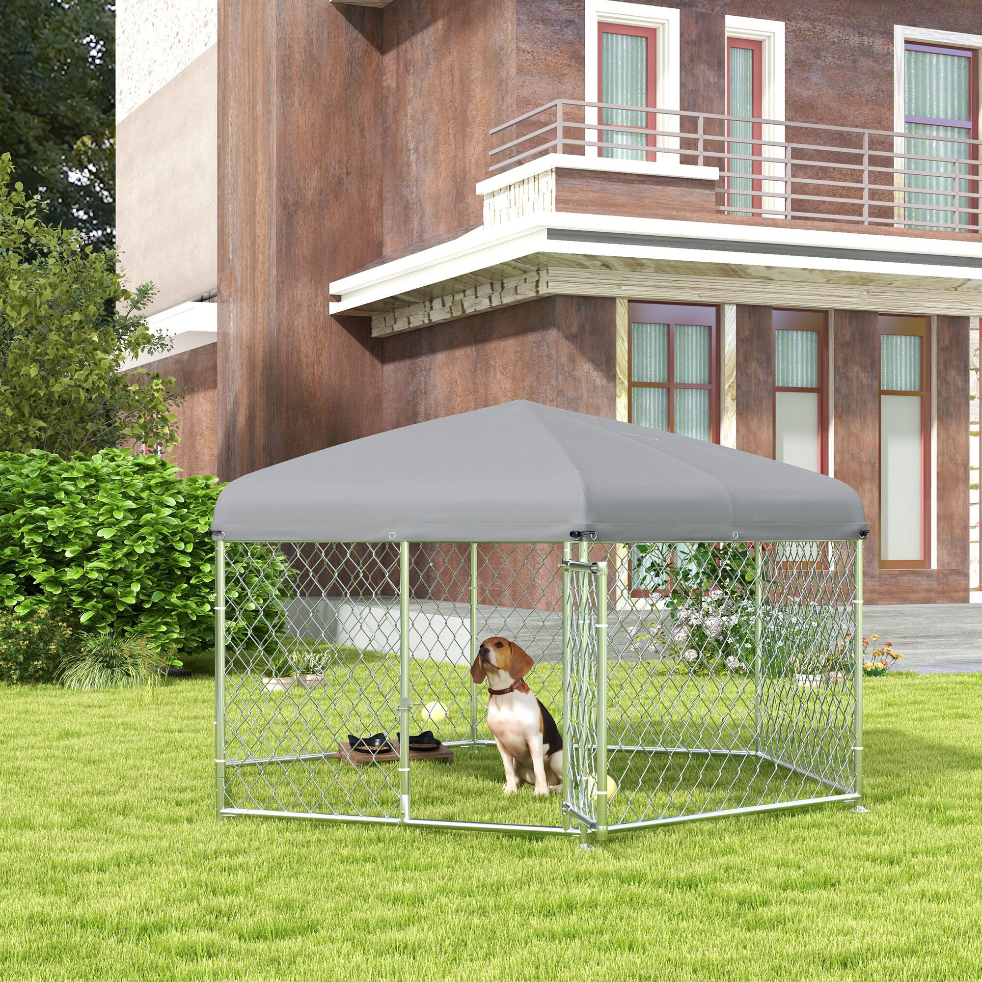 PawHut Perrera de Exterior Hexagonal Jaula para Perros con Puerta Marco de Acero Galvanizado y Toldo Impermeable y Anti-UV 210x185x150 cm Plata, , large Imagen numero 2