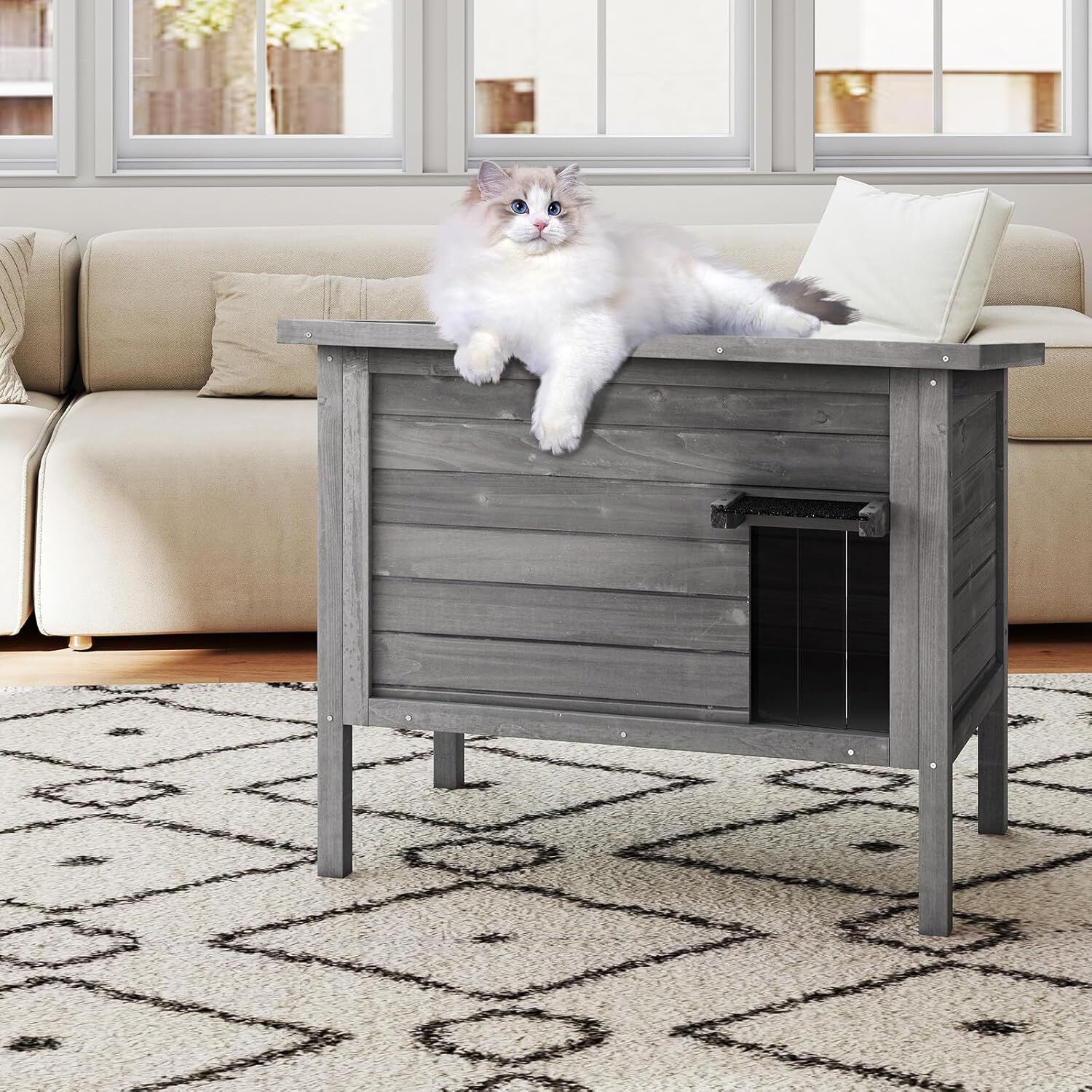 COSTWAY Casa para Gatos Aislada Exterior, Casa para Gatos de Madera con 2 Habitaciones, Divisor Removible, Techo Abatible, Puerta PVC, Recinto Elevado, Ideal para Invierno y Gatos Salvajes (Gris) thumbnail