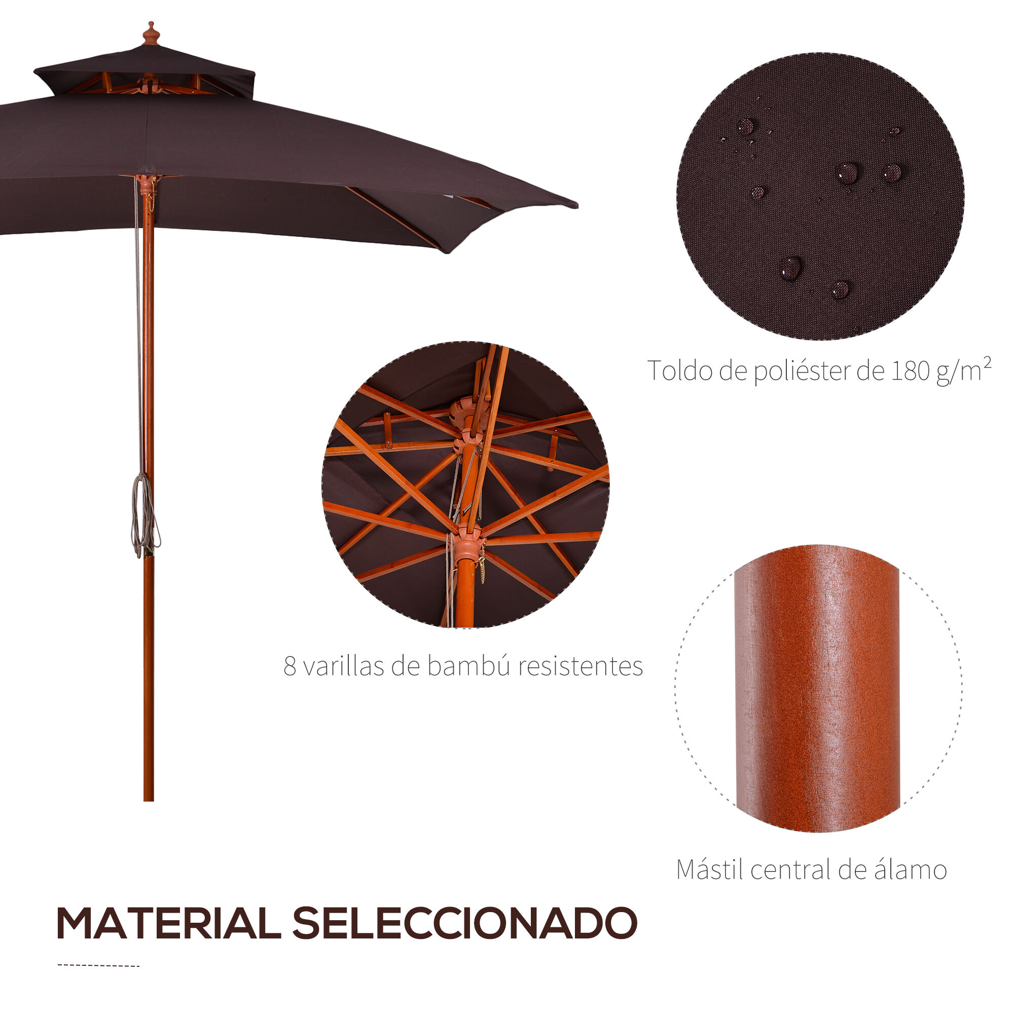 Outsunny Sombrilla de Jard&iacute;n 3x3x3 m Parasol de Jard&iacute;n de Bamb&uacute; con Doble Techo Sistema de Polea Impermeable para Terraza Balc&oacute;n Exterior Marr&oacute;n, , large Imagen numero 4