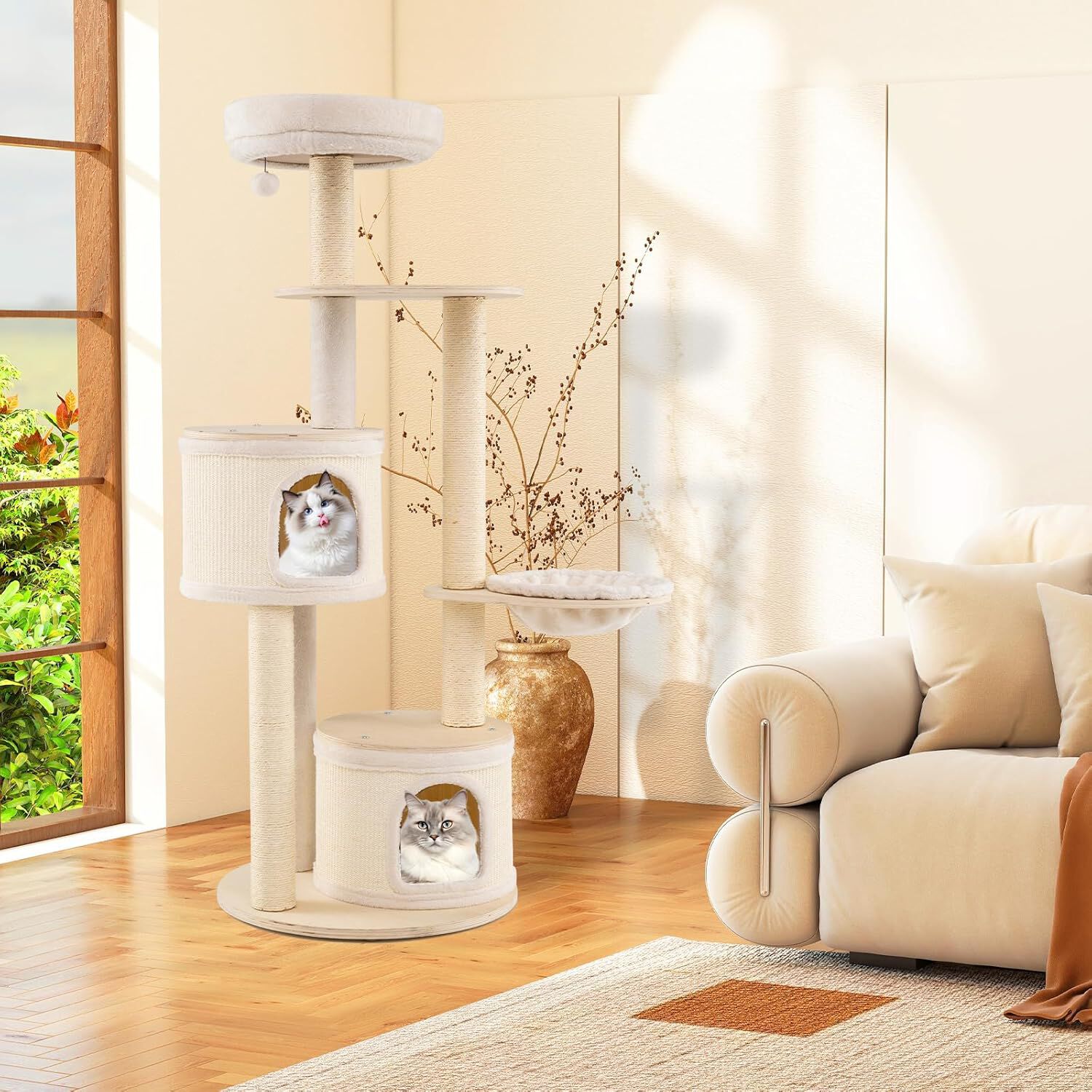 COSTWAY Árbol Rascador para Gatos de 152 cm, Torre Gatos Rascador de Madera Moderno, Árbol de Actividad para Gatito con Postes de Sisal, 2 Casas, Mirador, Hamaca, Bola Colgante, Cojín de Felpa Lavable thumbnail