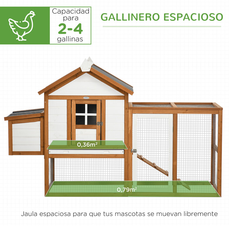 PawHut Gallinero de Madera para Exterior 181x79,5x117,5 cm Jaula para 2-4 Gallinas con Techo Resistente al Agua Corral de Metal 2 Perchas Nido Bandeja Extraíble y Rampa Natural., , large image number null