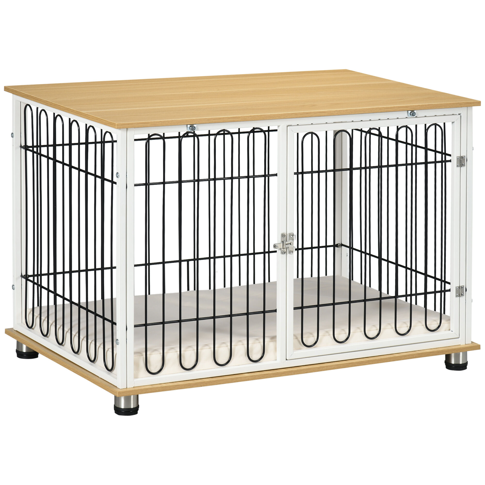 PawHut Jaula para Perros para Interior en Casa 90x58x62,5 cm Mueble Perrera Superficie Mesa Auxiliar con Coj&iacute;n Lavable Puerta con Cerradura y Rejillas de Acero Roble, , large Imagen numero 1