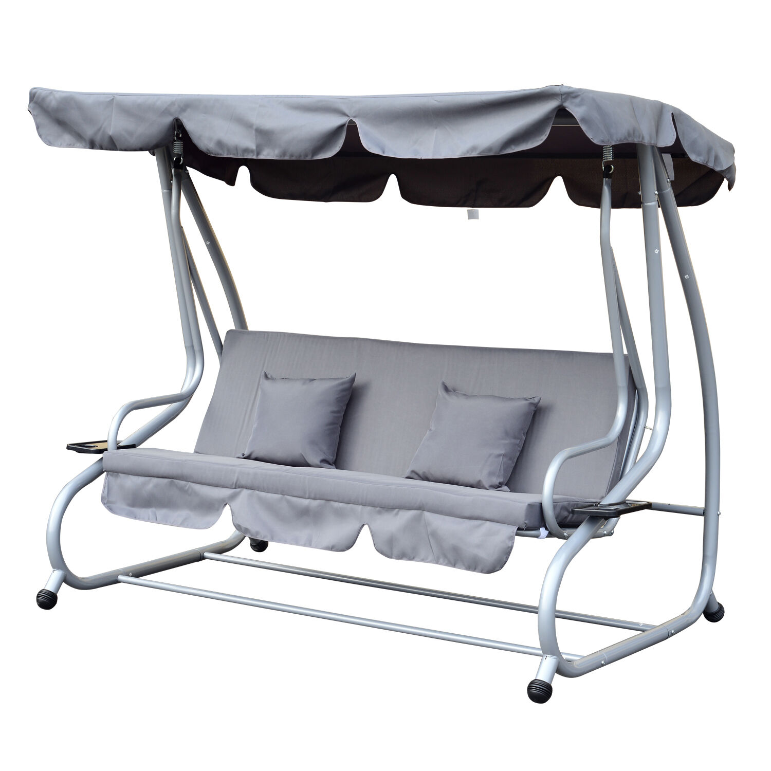 Outsunny Columpio Balancin Jardin 3 Plazas Convertible en Cama Techo Parasol Regulable Bandeja para Bebida Terrza Balcon Exterior Carga max. 340kg Acero 200x120x164cm Gris Tiendanimal