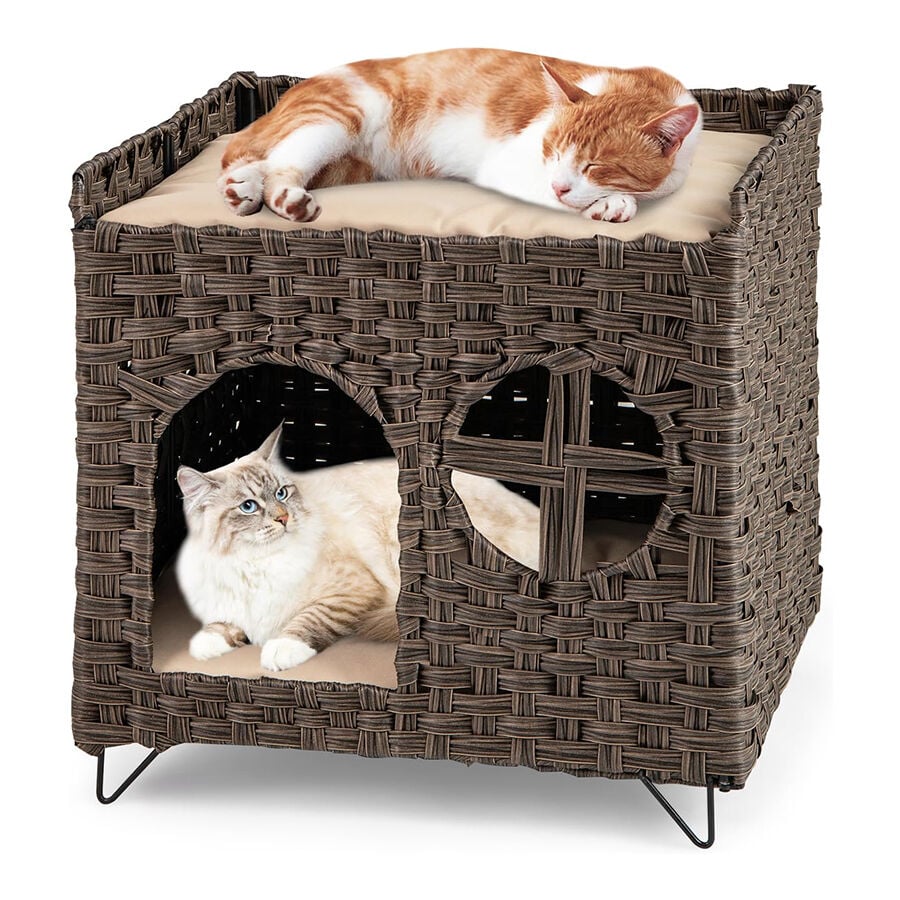 COSTWAY Casa Plegable de 2 Niveles para Gatos, Condominio de Ratán con Percha Elevada, Cueva para Esconderse, Cojines Extraíbles, Mueble para Mascotas de Interior y Exterior, Mesita Auxiliar