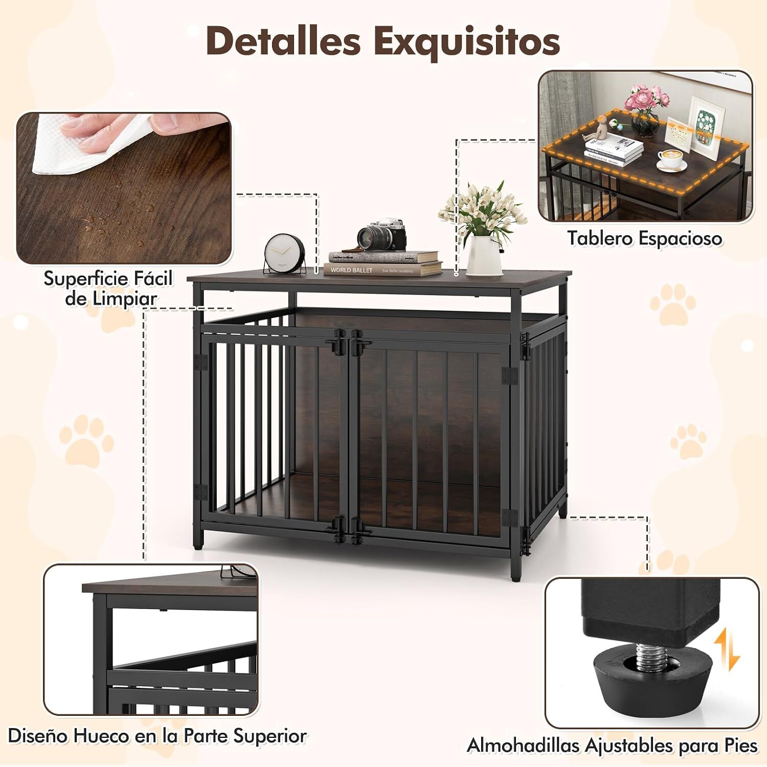 COSTWAY Jaula para Perros, Mesa Auxiliar con Tres Puertas y Parte Superior Hueca, Casa para Perros de Madera y Metal Resistente a Mordidas, Jaula para Perro Peque&ntilde;o y Mediano, R&uacute;stica Marr&oacute;n, , large Imagen numero 3