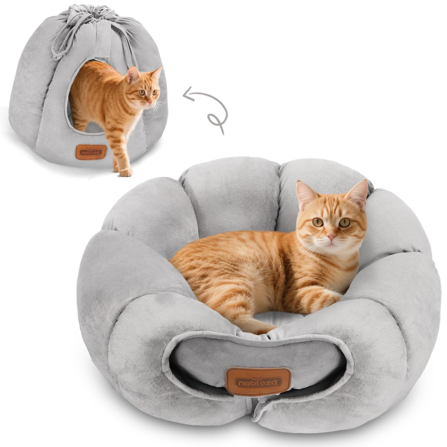 Nobleza Cama Tienda para Gatos 2 en 1, Convertible Cerrada o Abierta, Cueva Mediana Lavable, Casa para Mascotas Interior