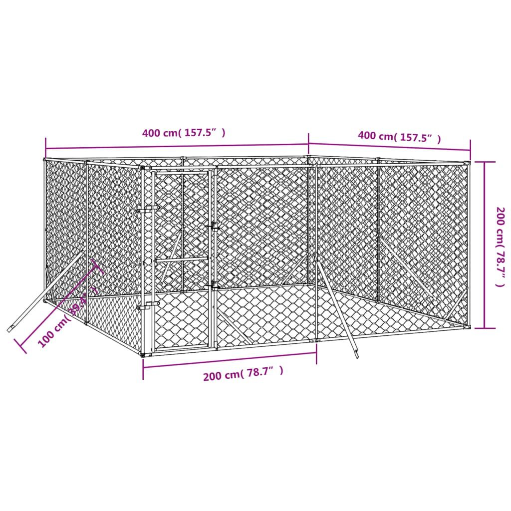 vidaXL Perrera de exterior acero galvanizado plateado 4x4x2 m, , large Imagen numero 3