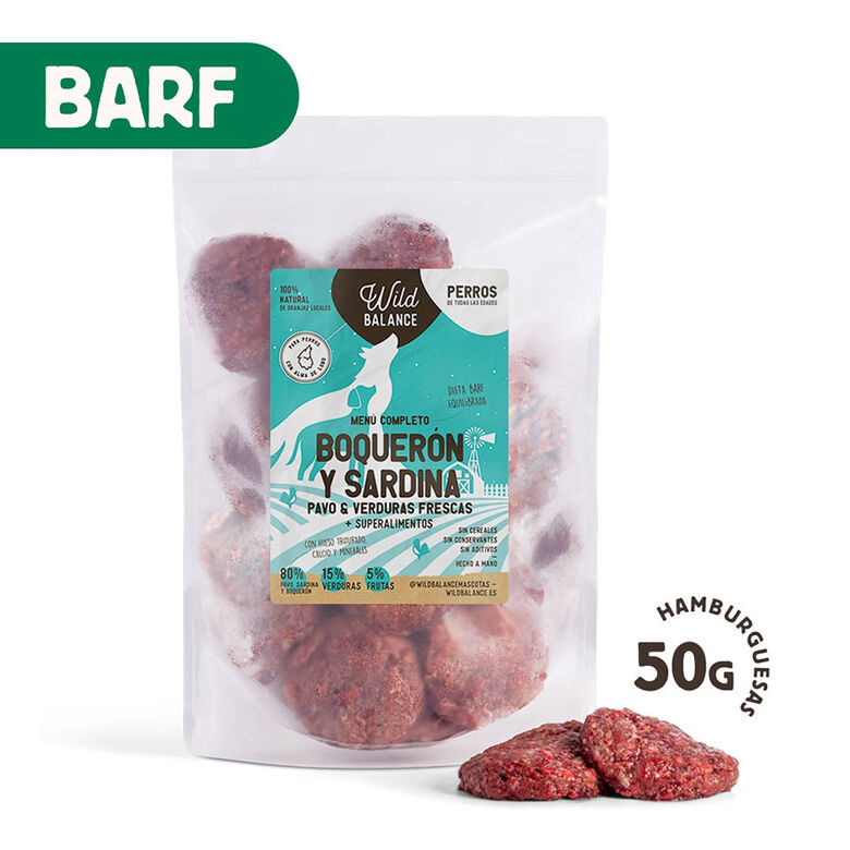 Wild Balance menús completos BARF sabor boquerón, sardina y pavo para perros thumbnail