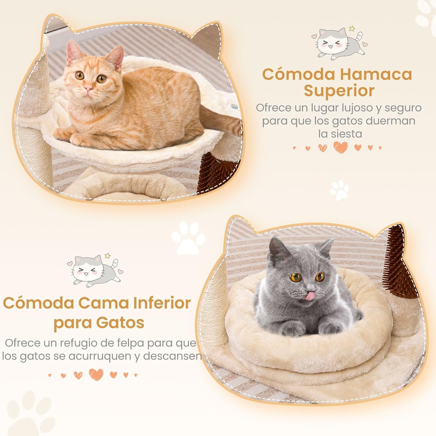 COSTWAY &Aacute;rbol Rascador para Gatos Peque&ntilde;os, &Aacute;rbol para Gatos con Hamaca Suave, Cama para Gatos de Felpa, Postes de Sisal, Autopeluquero y Bola Colgante, Torre para Gatos, 40 x 30 x 72 cm, Beige, , large Imagen numero 2