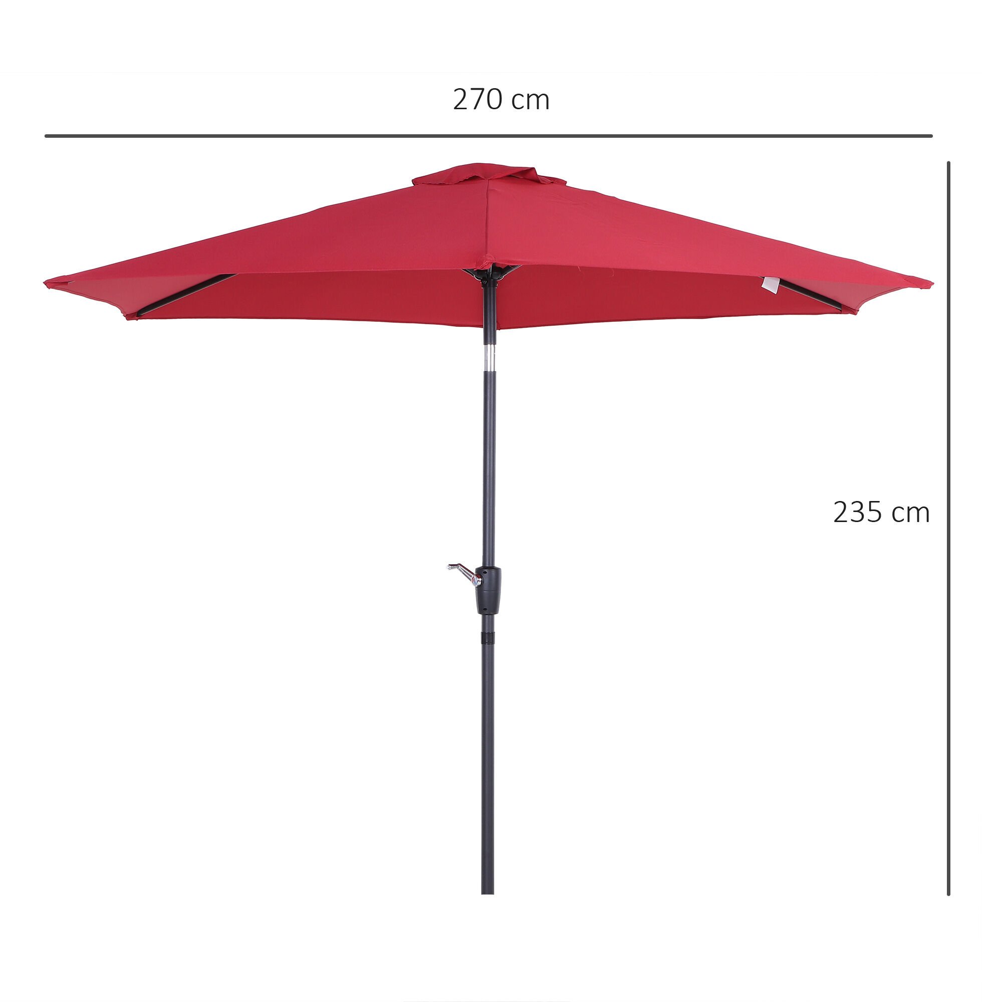 Outsunny Sombrilla para Jard&iacute;n &Oslash;260x235 cm Parasol de Aluminio con Reclinable con Manivela y 6 Varillas para Terraza Exterior Balc&oacute;n Rojo, , large Imagen numero 3