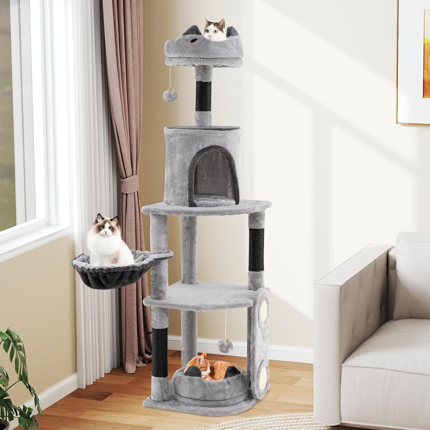 COSTWAY Rascador para Gatos de 144 cm, &Aacute;rbol Rascador para Gatos de 5 Niveles con 3 Postes de Sisal para Rascar y Tablero, Condominio, Plataformas, Hamaca, Cama, &Aacute;rbol de Actividades para Gatitos, , large Imagen numero 5
